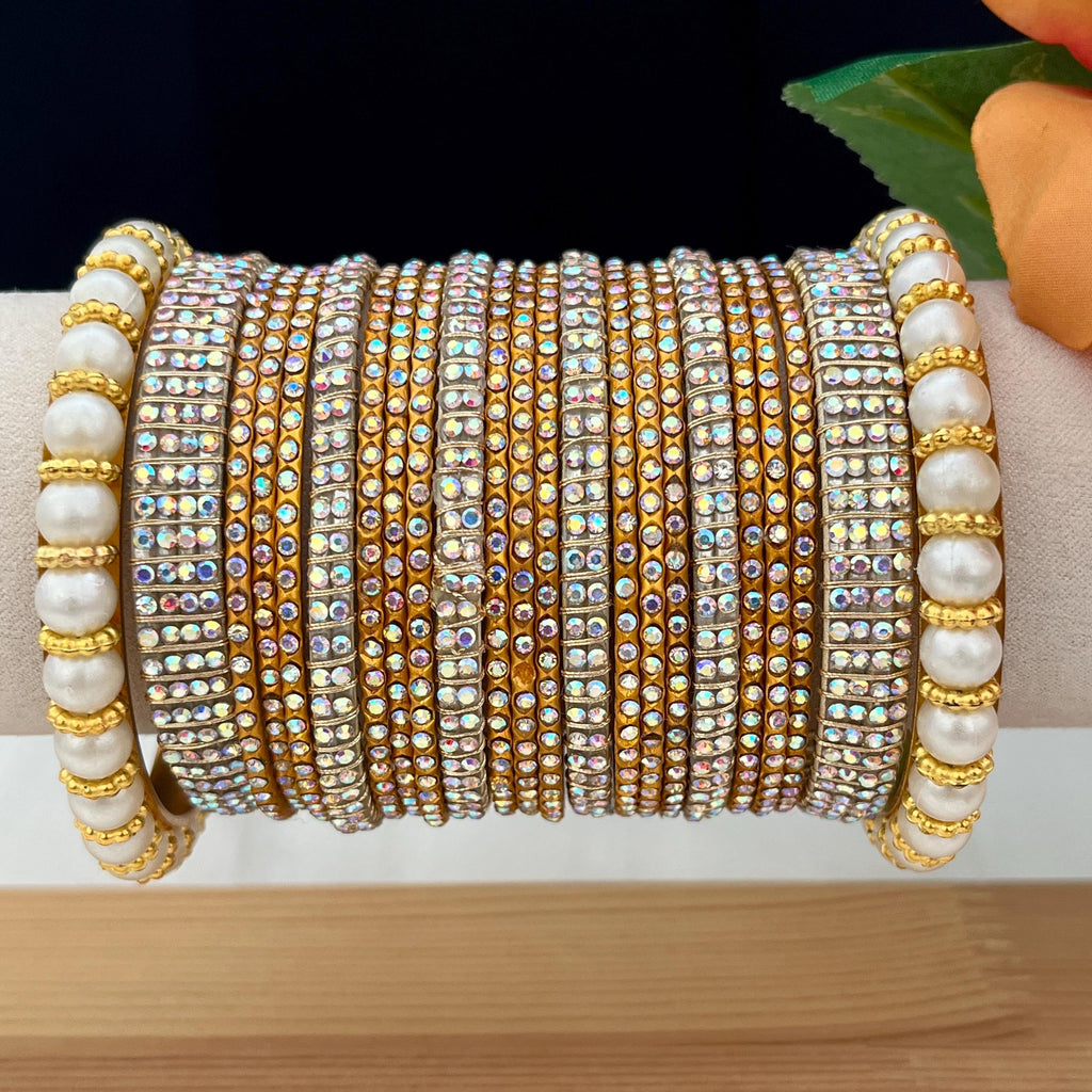 Handmade Antique Gold Indian Bangles Set: Pearls & Stones Kade