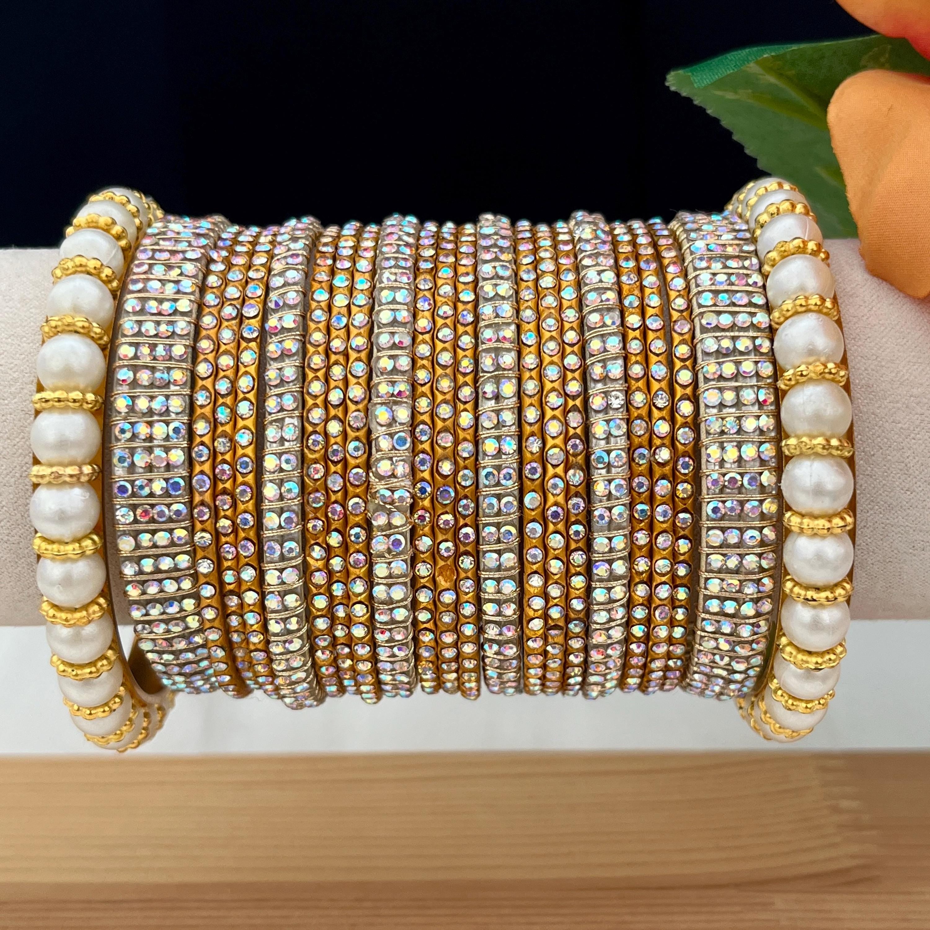 Handmade Antique Gold Indian Bangles Set: Pearls & Stones Kade