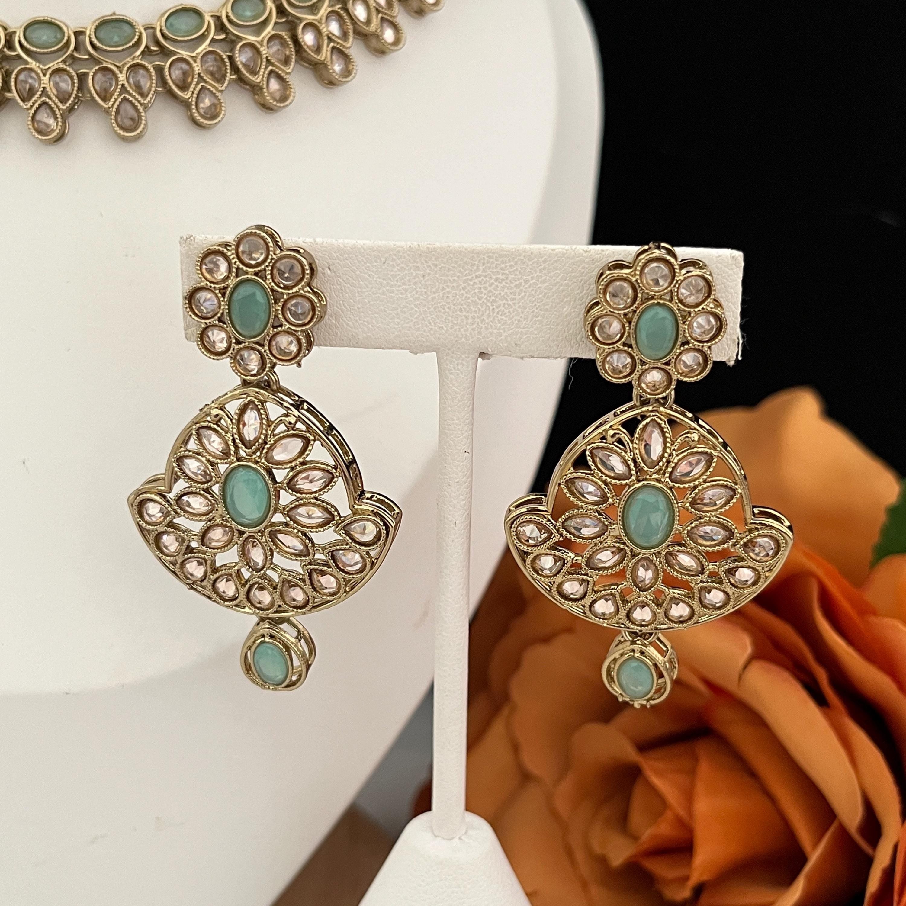 Polki Choker Necklace Set: Indian Bridal Jewelry, Mint Green