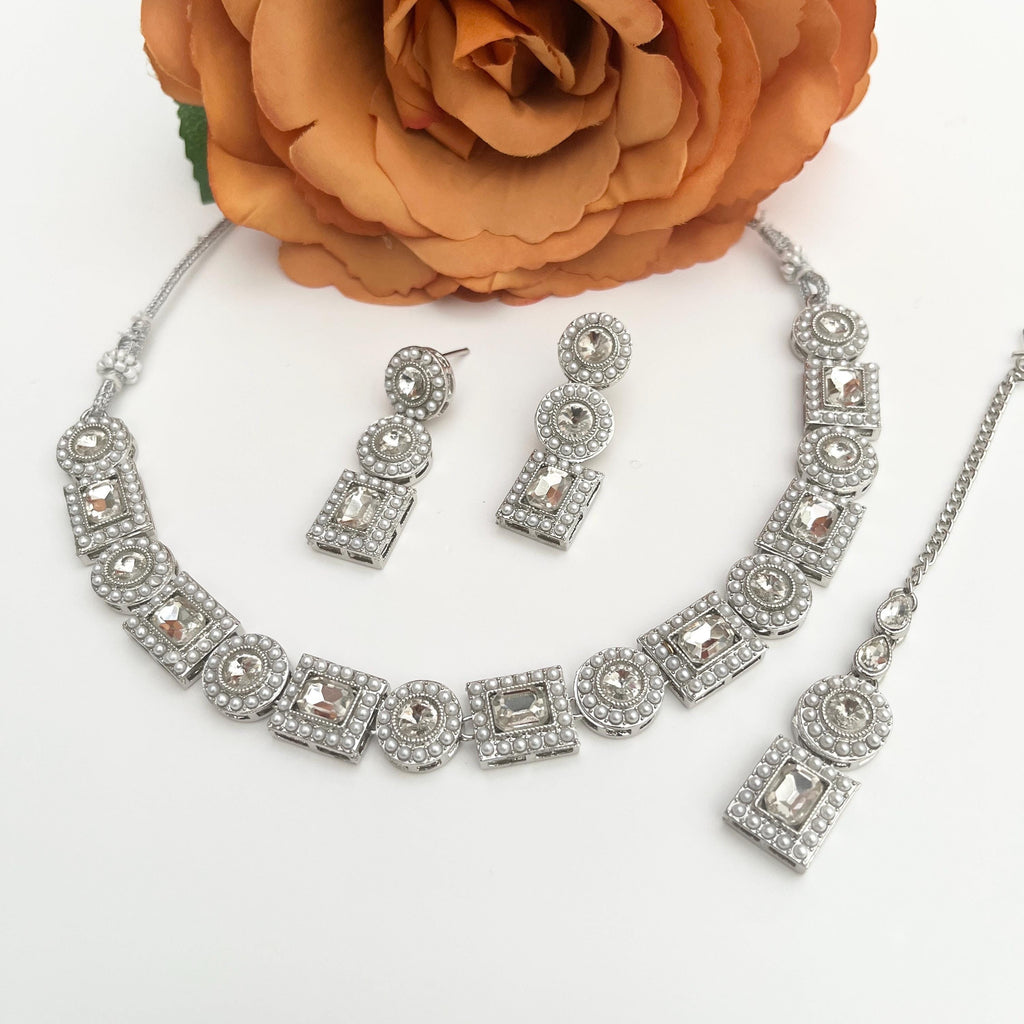 Polki Choker Necklace Set: Indian Bridal Jewelry, Silver Tikka Earrings