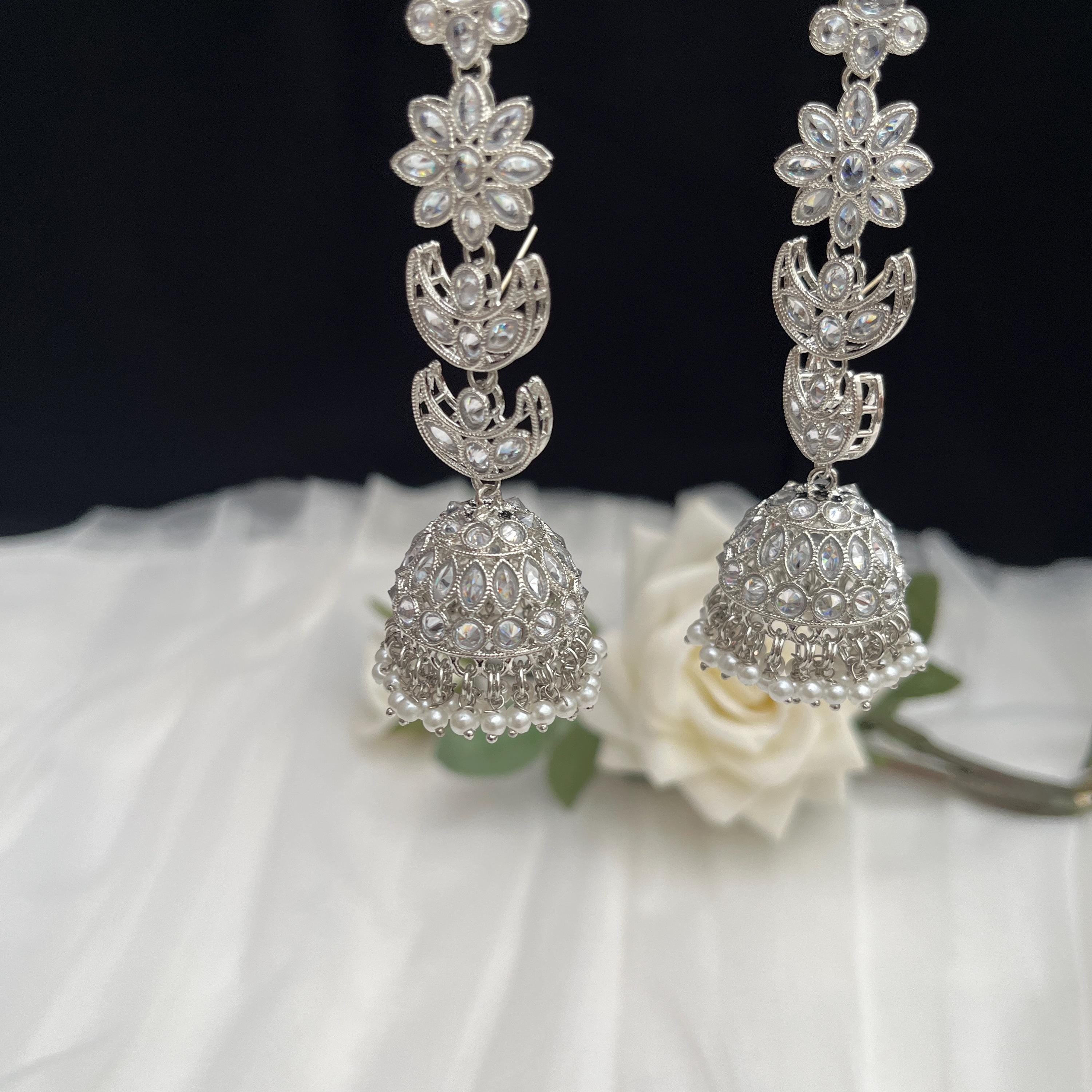 Sheeshphool with Earrings, Polki Sheeshpool, Jhumka Earrings, Indian Head Accessories, Mathat Patti, Bridal Jewelry, Silver Earrings
