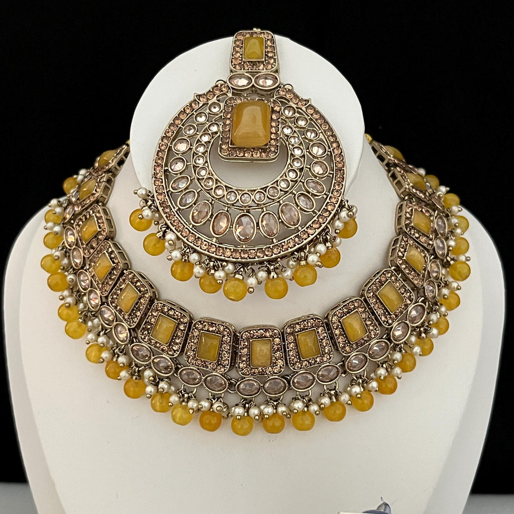 Imitation Indian Jewellery Sets Polki Stones Yellow Beads Pakistani Jewellery