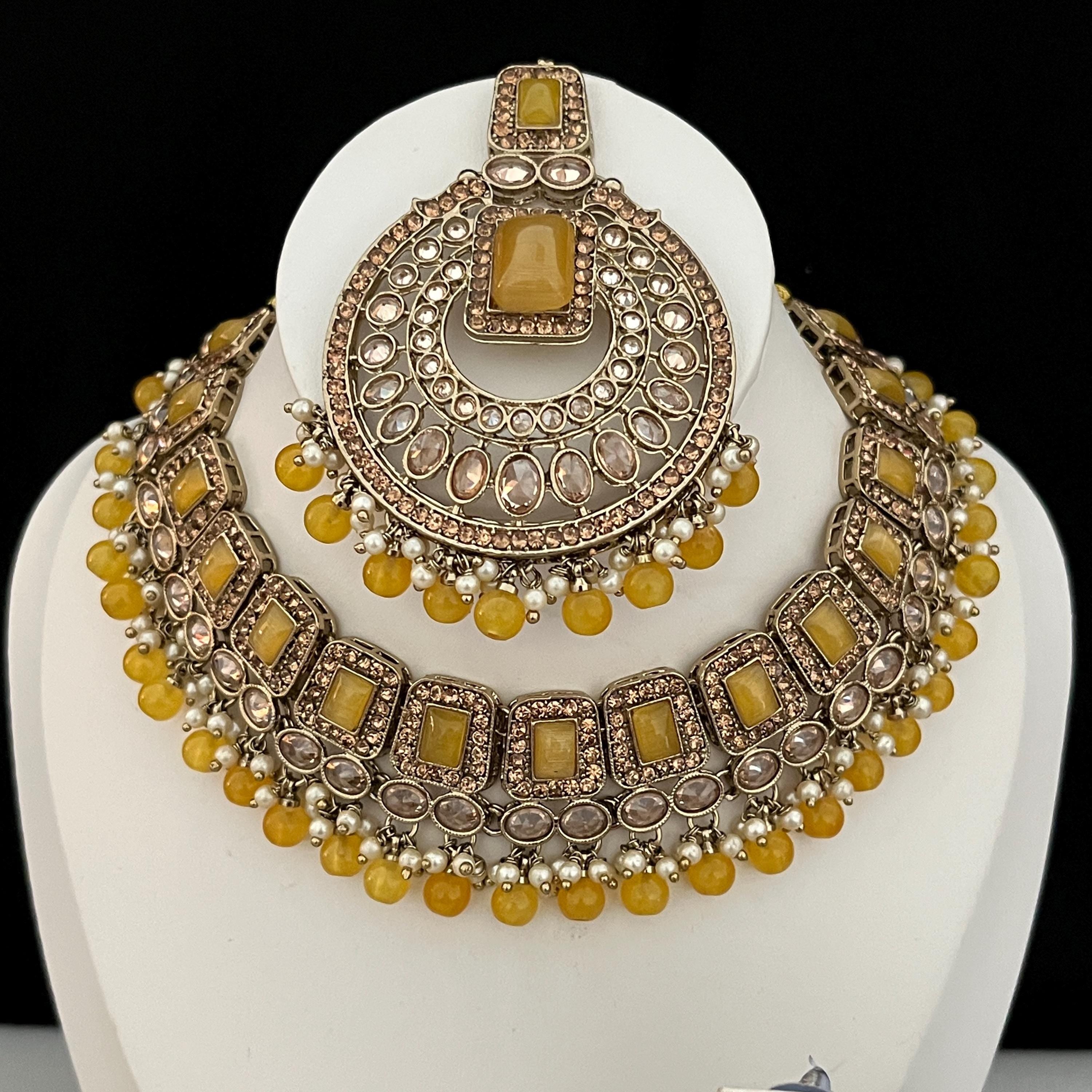 Imitation Indian Jewellery Sets Polki Stones Yellow Beads Pakistani Jewellery