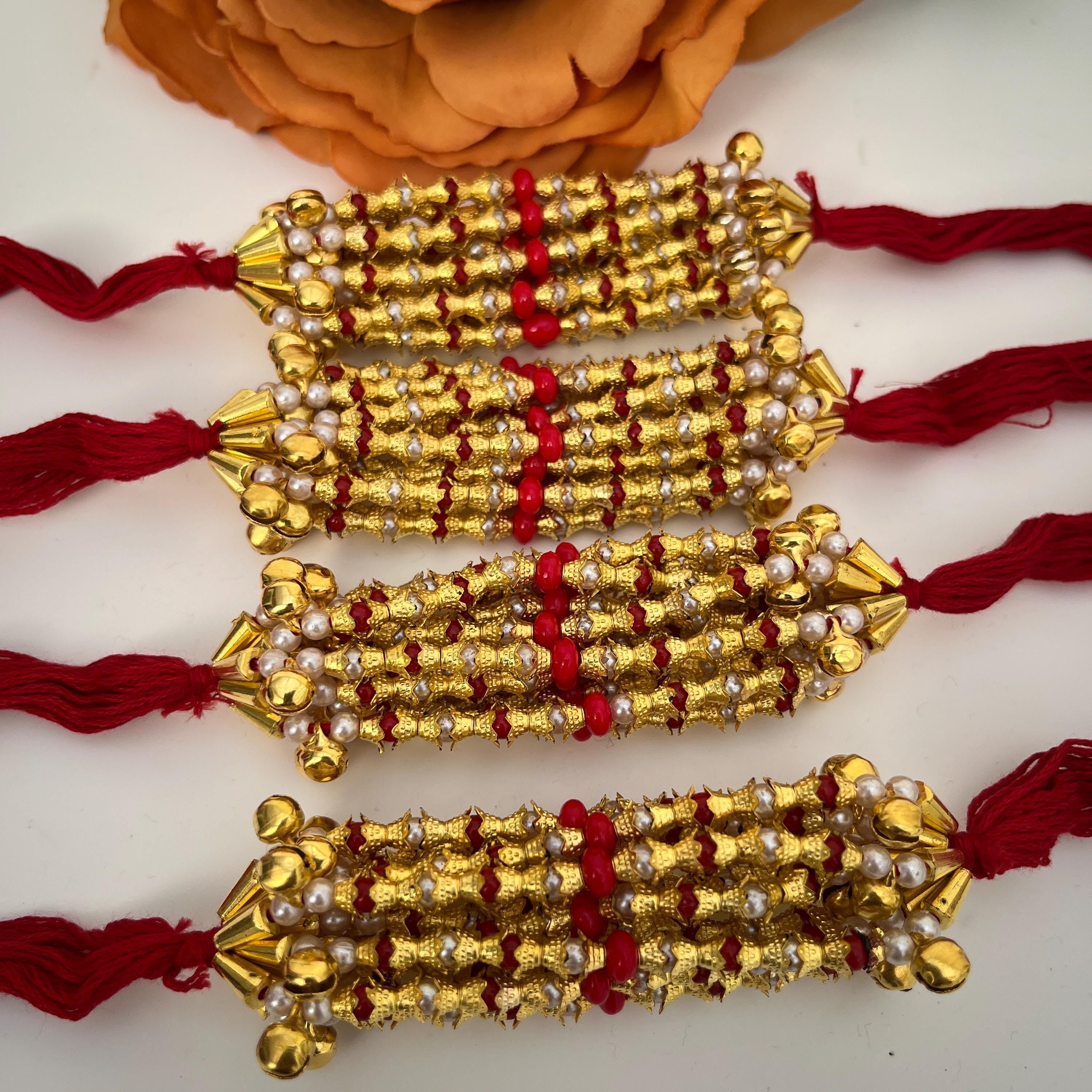 Indian Wedding Ganney: Red Cotton Thread, Gold Bells - Maiyan Ceremony (Set of 12)