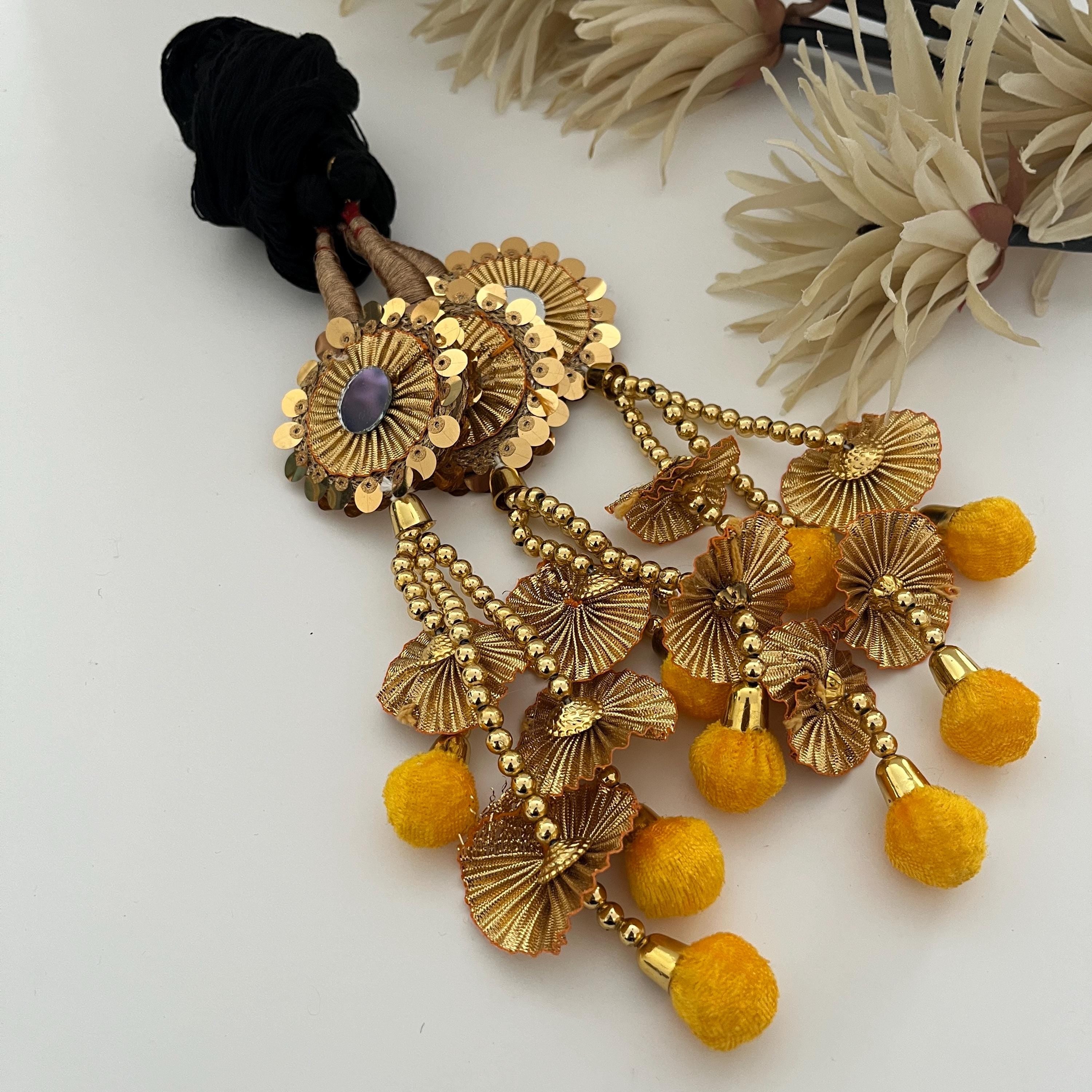 Punjabi Paranda: Gold Braid Hair Accessory with Mirrors & Tassels