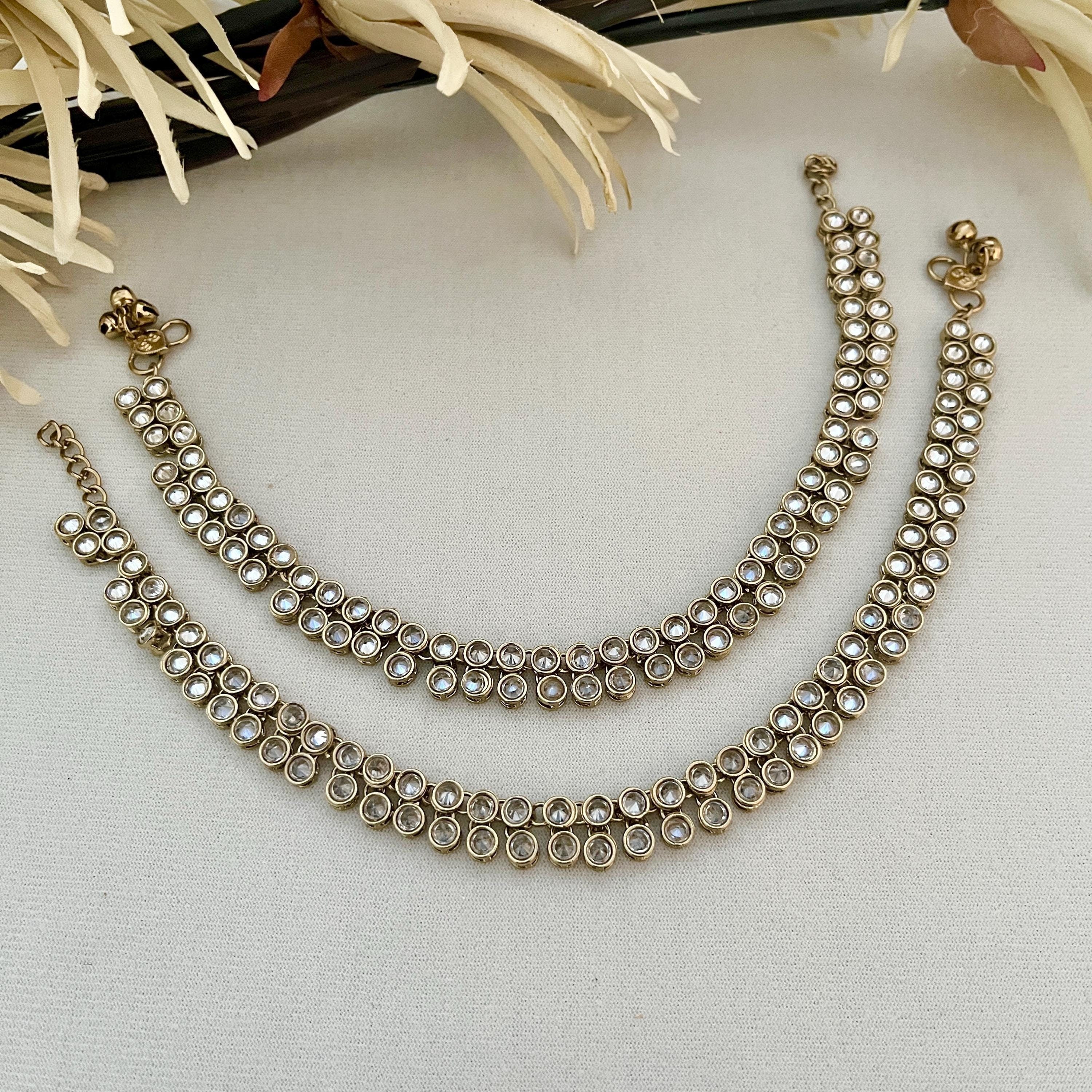 Bridal Gold Payal Anklets: Ghunghroo, Polki Stone Indian Jewelry