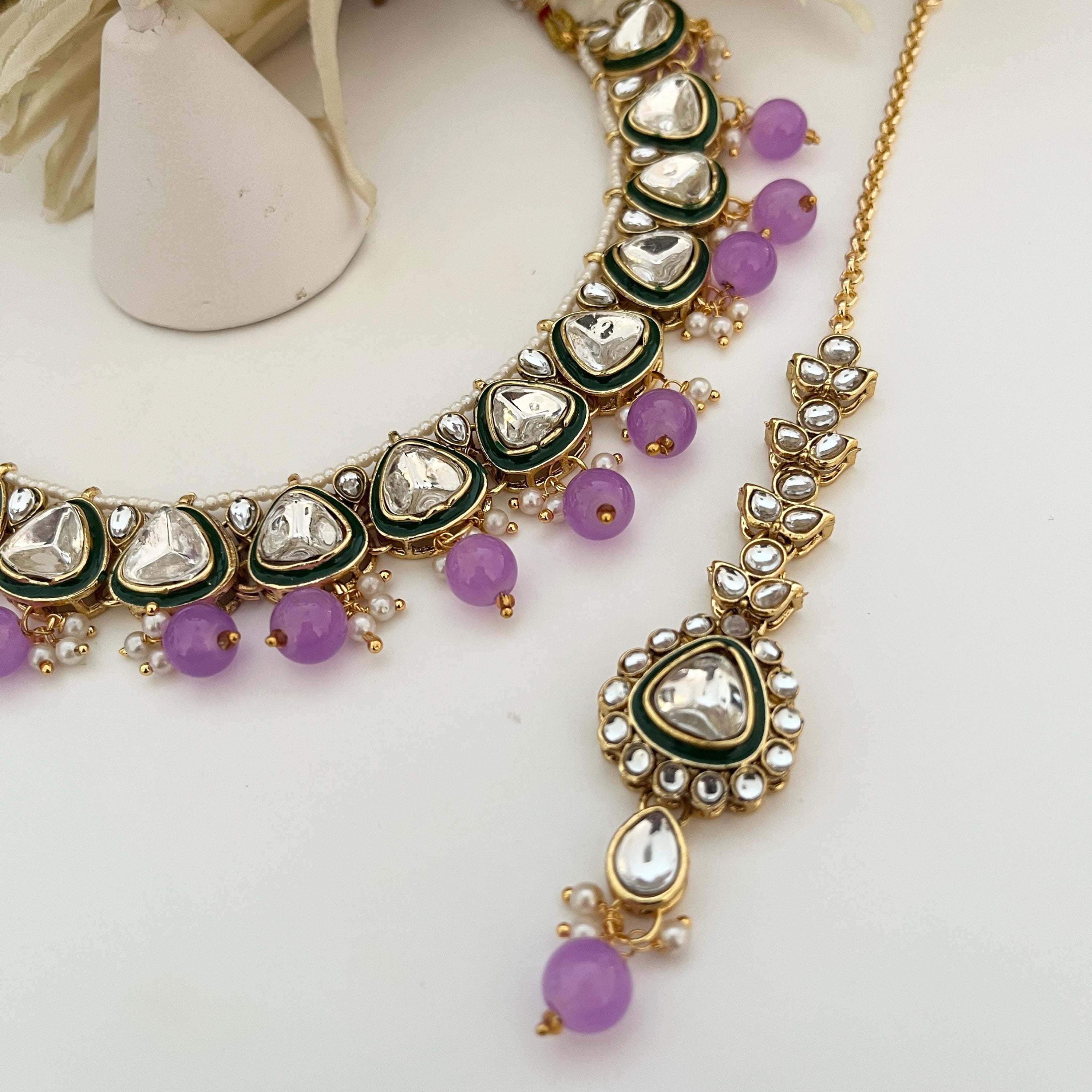 Kundan Jewellery Sets, Lilac Colour Jewellery, Traditional Indian Jewellery, Indian Bridal Jewellery, Pakistani Jewellery