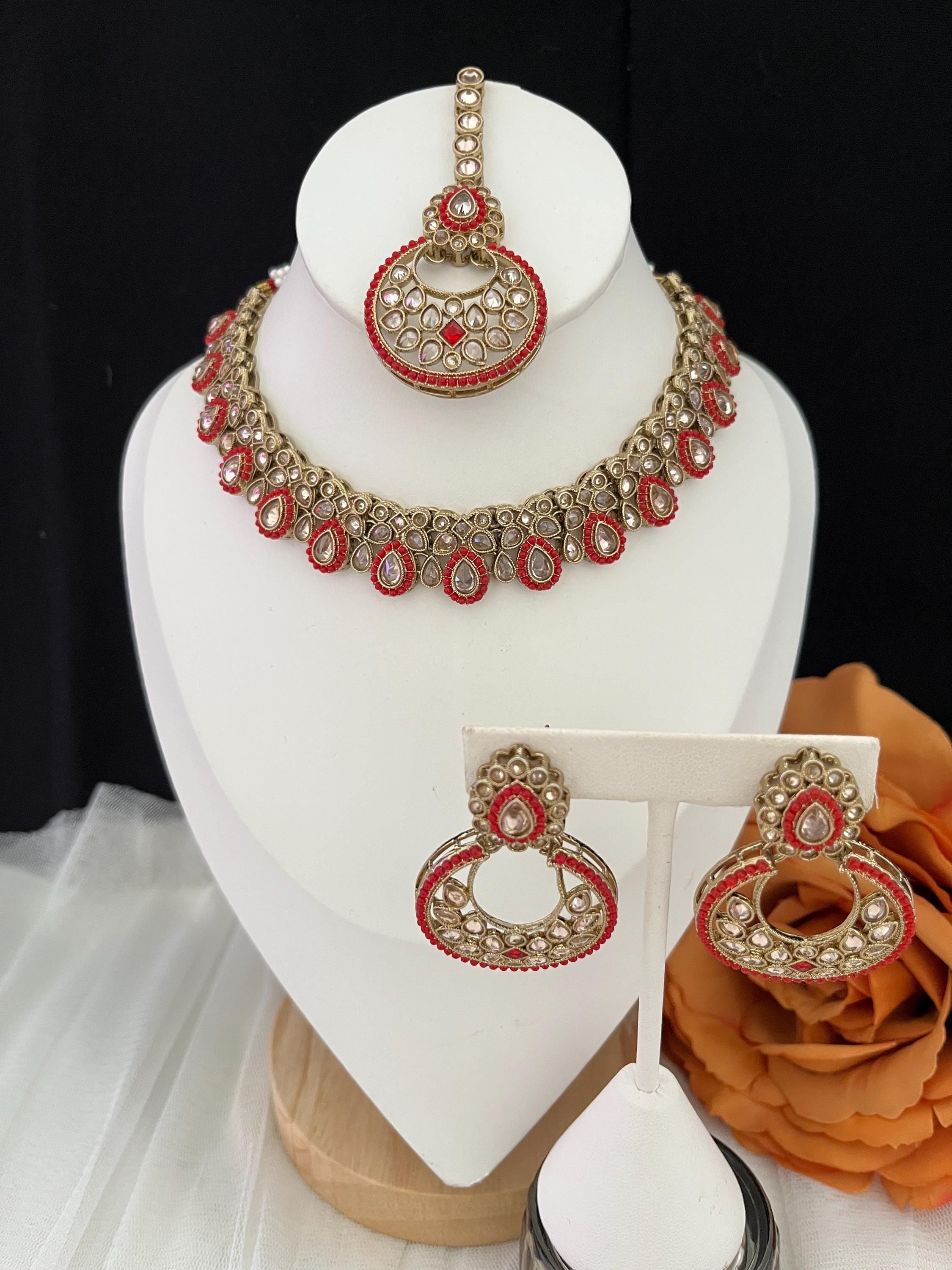 Elegant Indian Jewellery, Tikka and Earrings, Polki Necklace, Indian Bridal Sets, Pakistani Jewellery, Bollywood, Red Jewellery Set