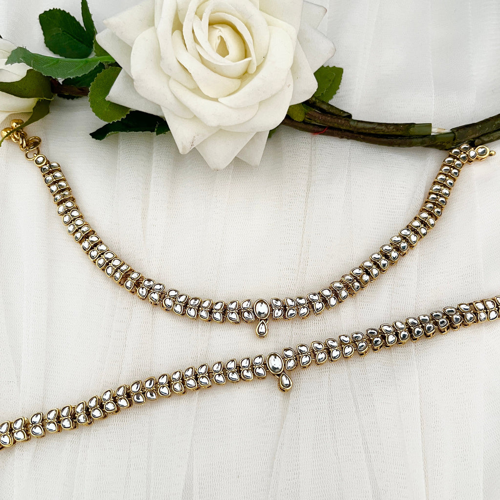 White Pearl Gold Payal jhanjar Kundan Anklets