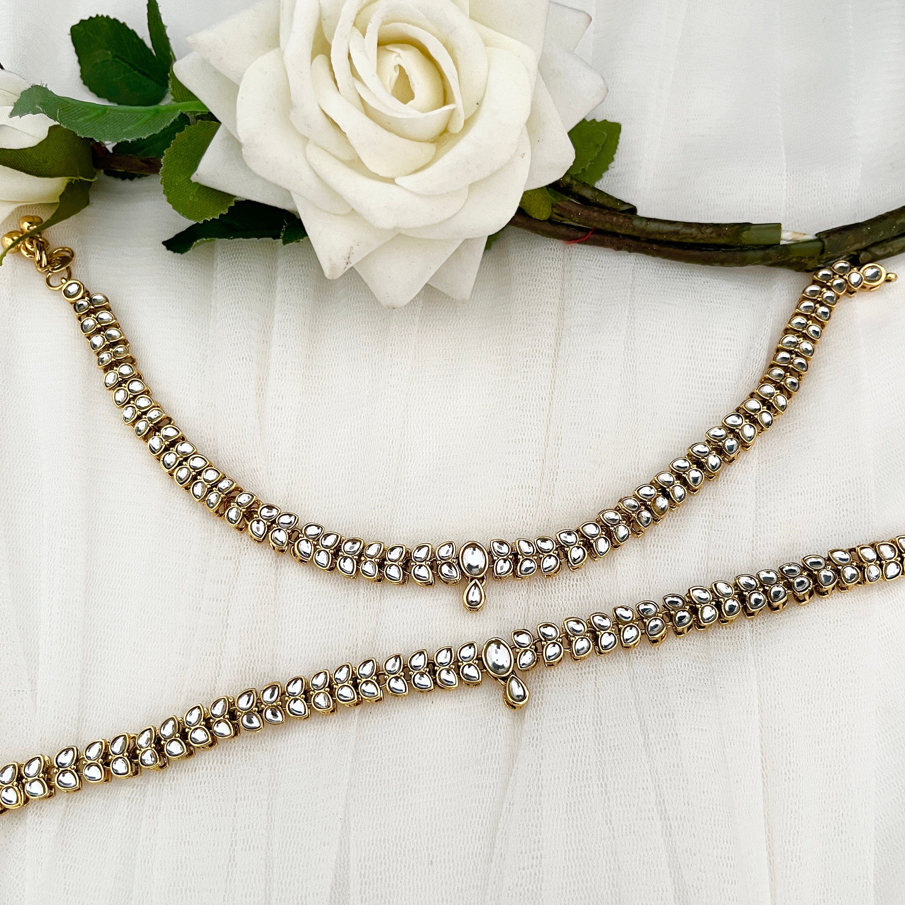 White Pearl Gold Payal jhanjar Kundan Anklets