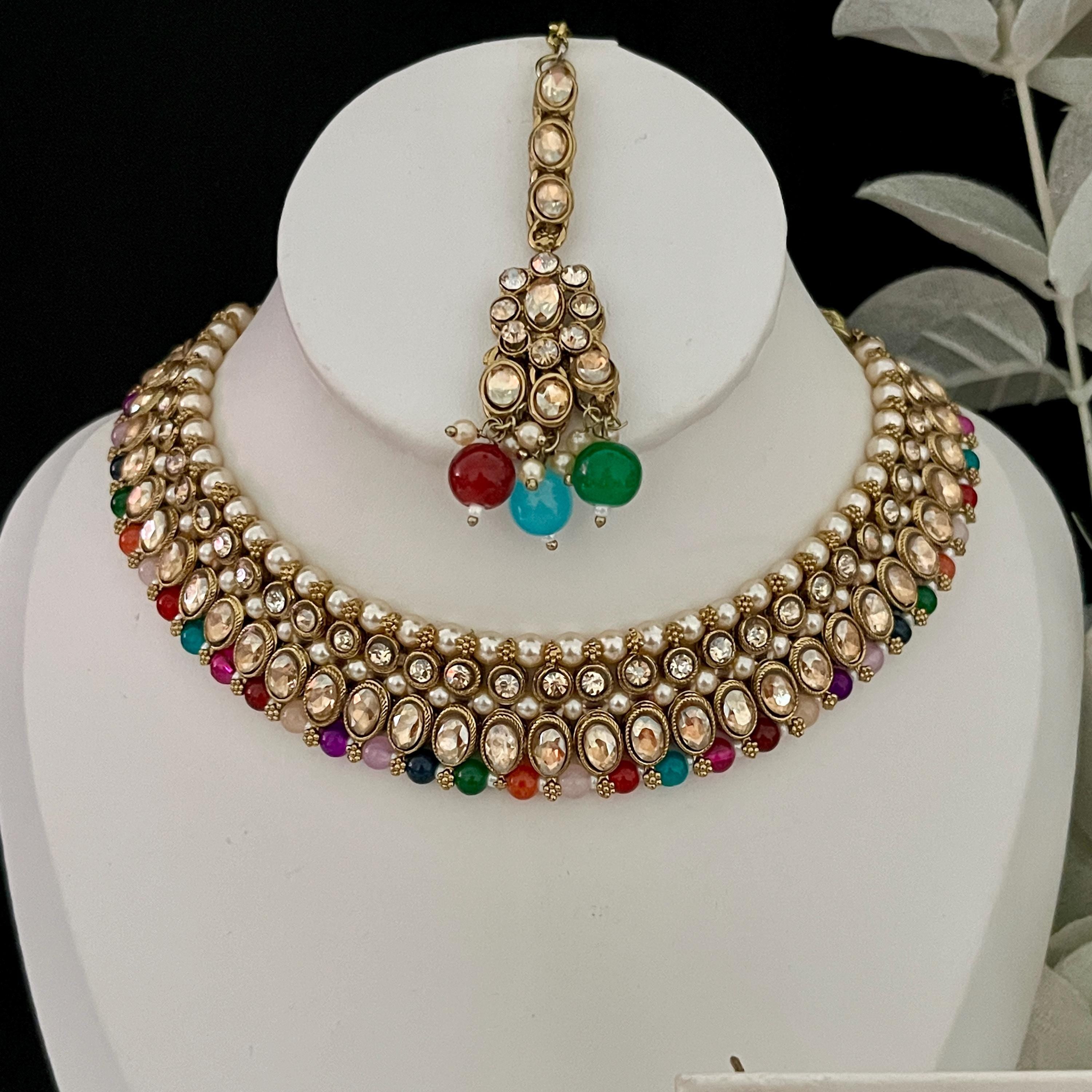Indian Jewellery Set, Multicoloured Choker, Beaded Choker, Kundan Jewellery, Indian Bridal sets, Bollywood Jewellery, Tikka and Earrings Set