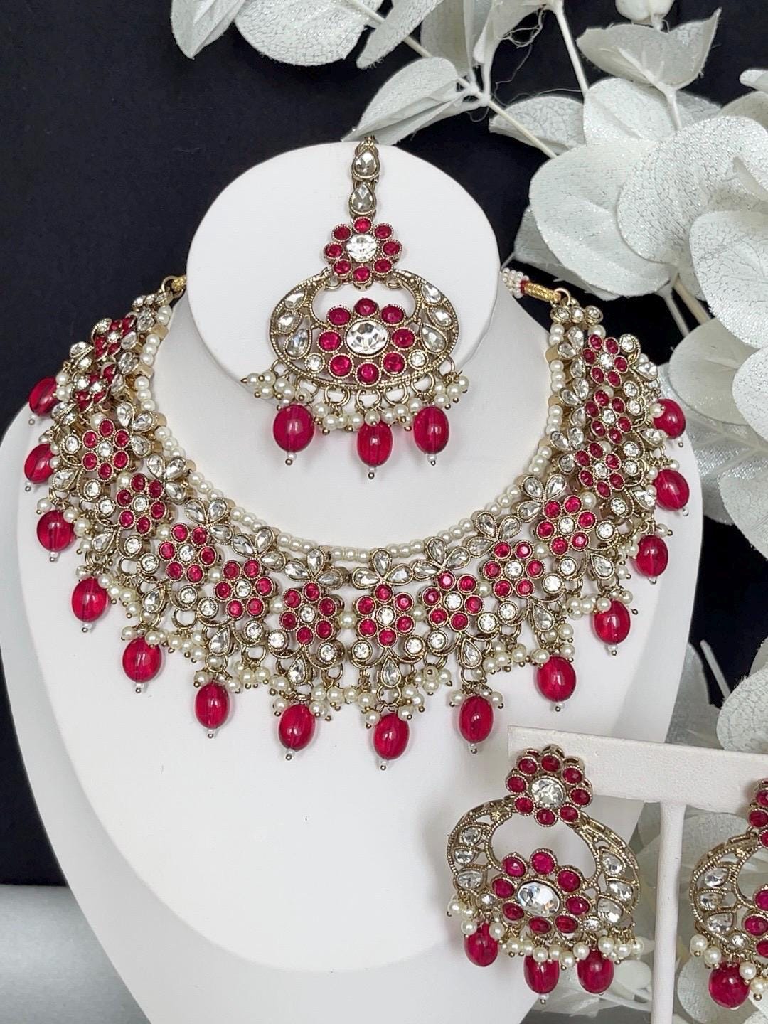 Indian Jewelry/Imitation Polki/Bollywood/Choker Set/Indian Bridal Sets/Black Pearl Jewelry/Tikka and Earrings Set/Reverse AD