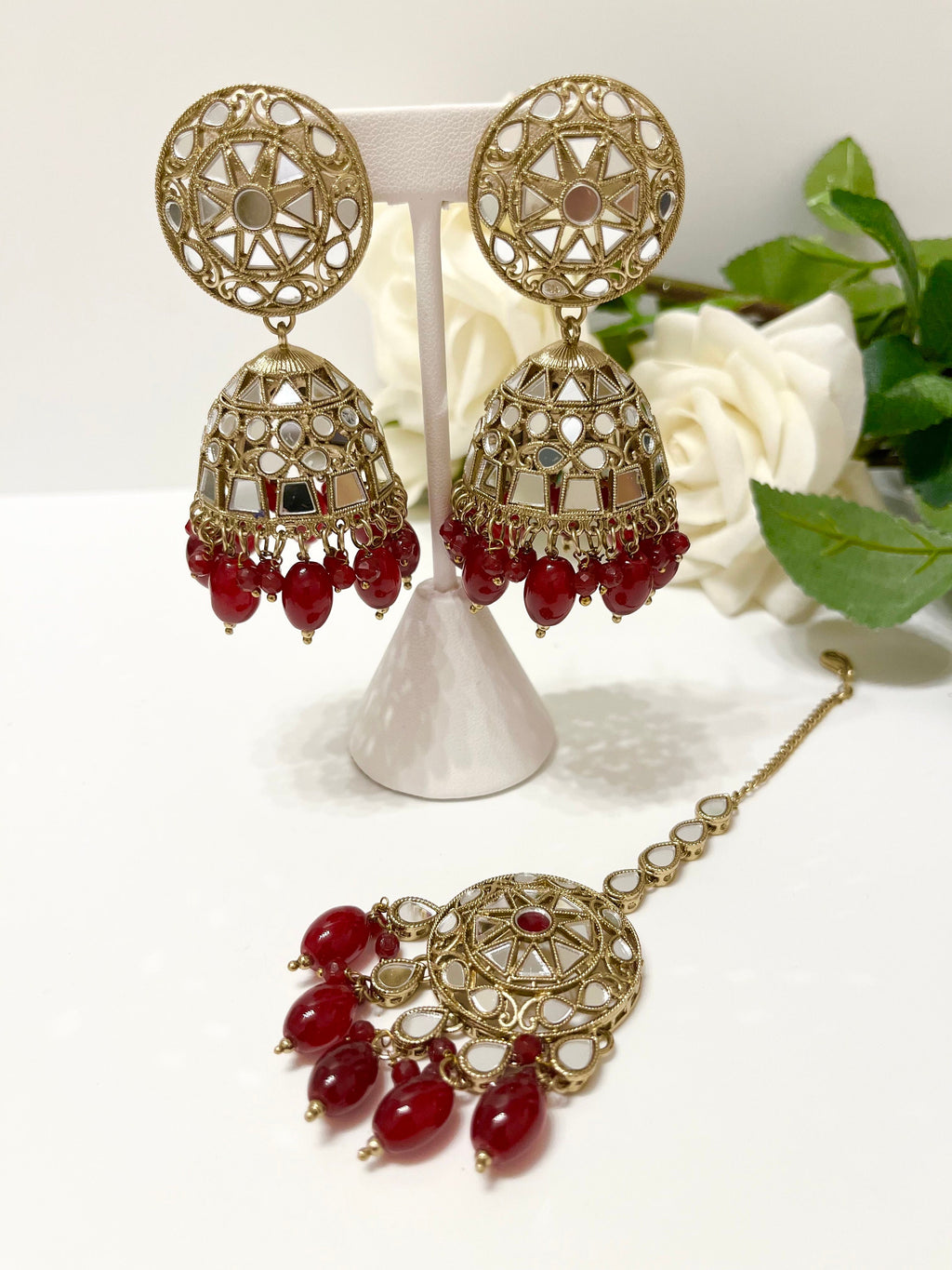 New Indian Bollywood Mirror Jewellery Drop Earrings and Tikka Lovely Style Burgundy Gold Set