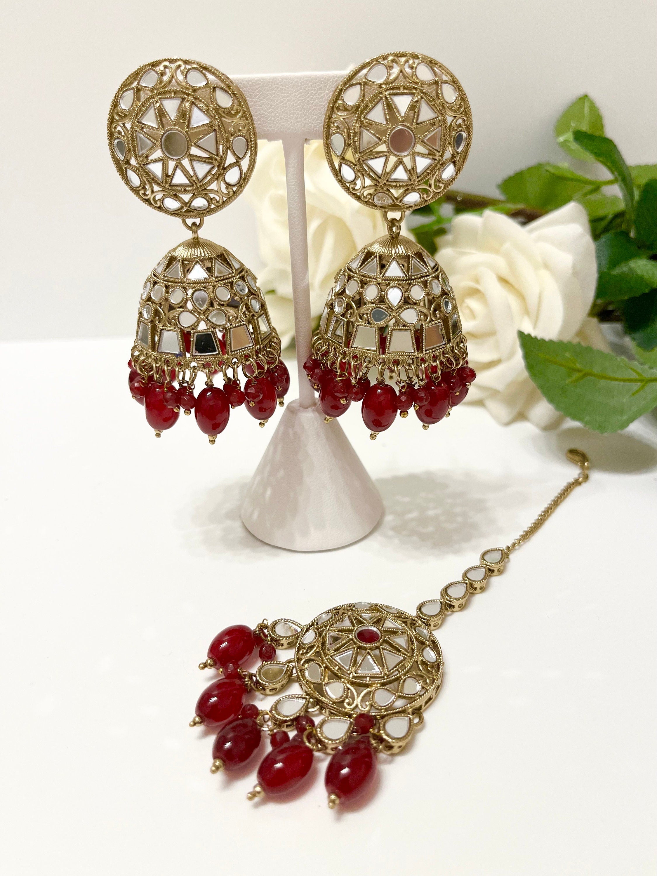 New Indian Bollywood Mirror Jewellery Drop Earrings and Tikka Lovely Style Burgundy Gold Set