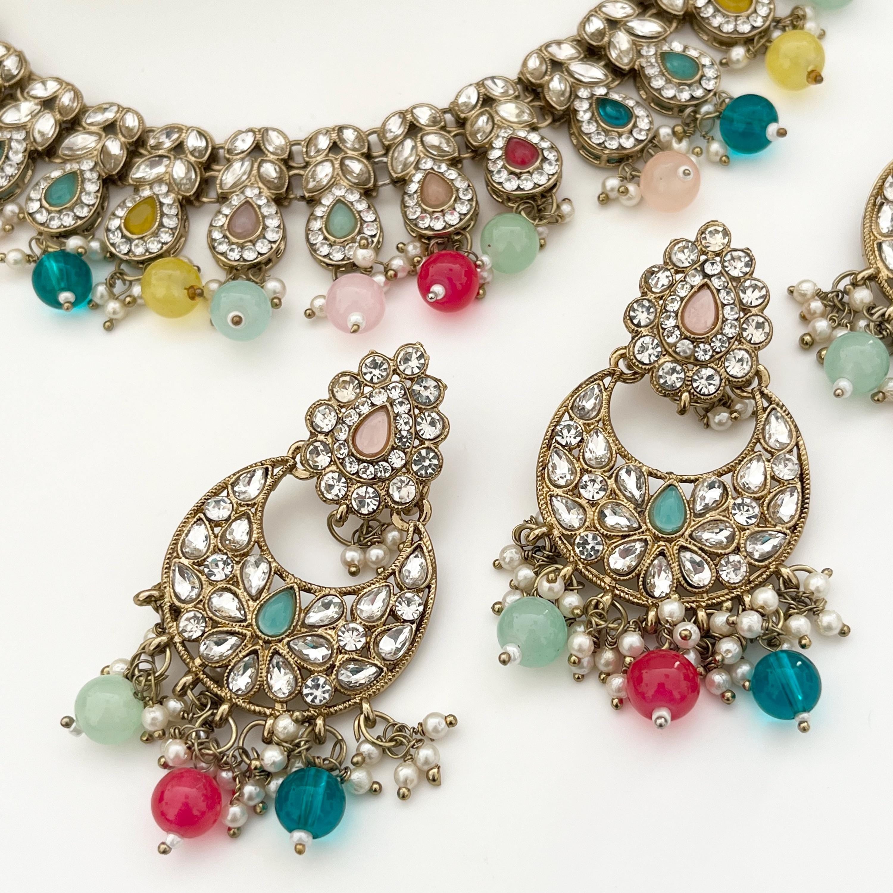 Imitation Jewellery Set Gold Multicoloured Stones Pearls Choker Tikka Earrings Set