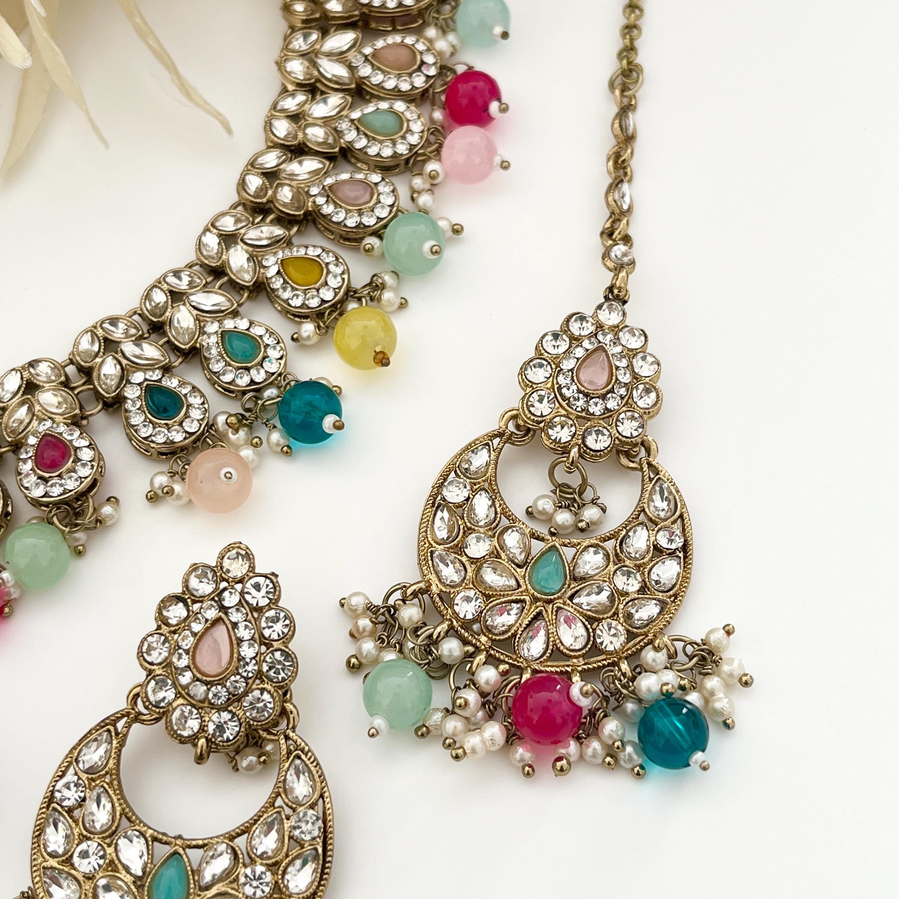 Imitation Jewellery Set Gold Multicoloured Stones Pearls Choker Tikka Earrings Set