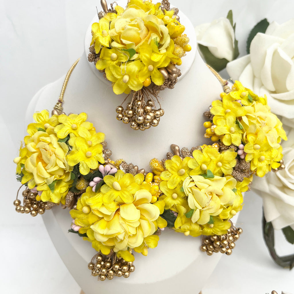 Yellow Floral Indian Bridal Jewelry Set: Haldi Maiyan Wedding Accessory