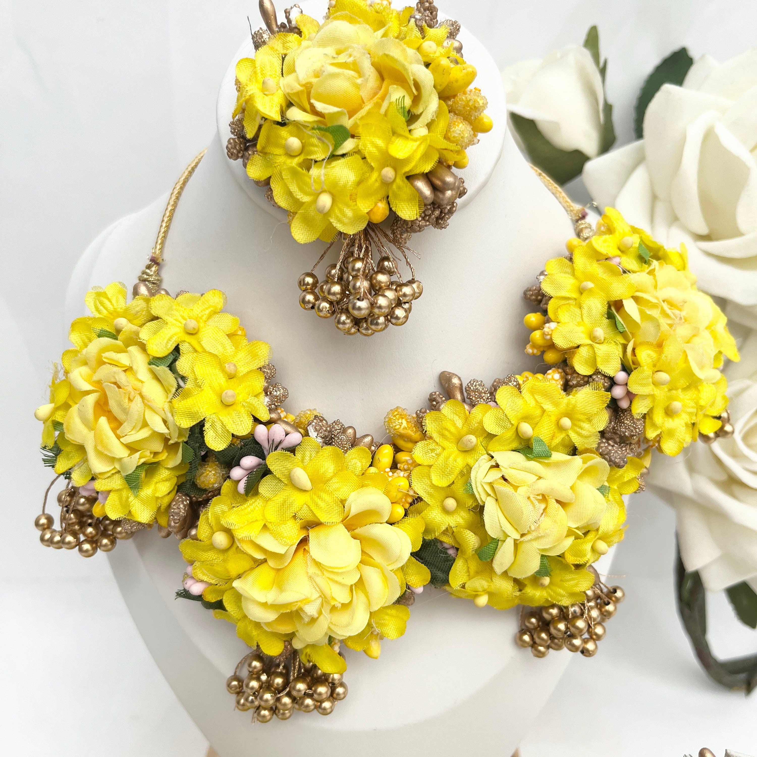 Yellow Floral Indian Bridal Jewelry Set: Haldi Maiyan Wedding Accessory