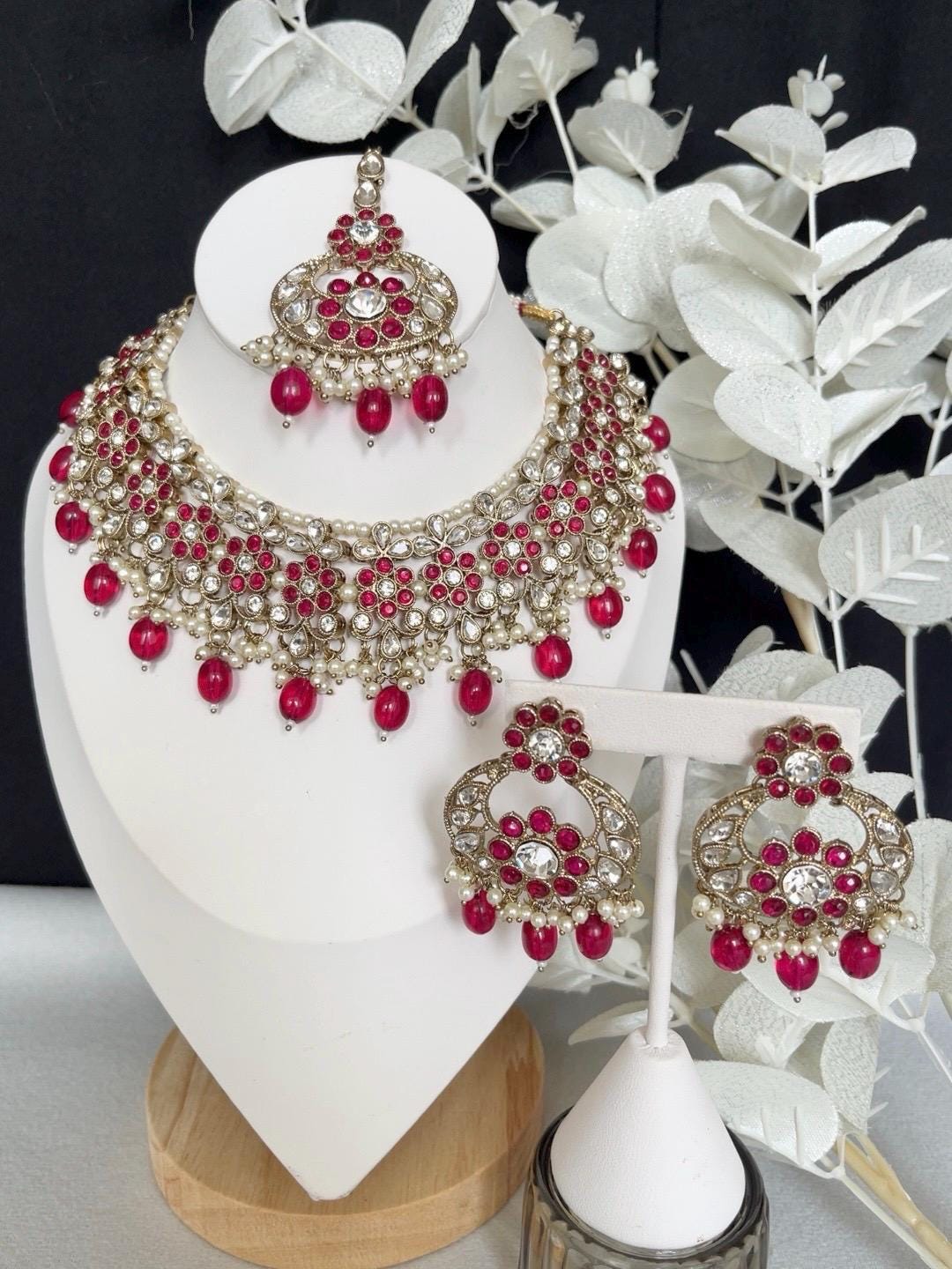 Indian Jewelry/Imitation Polki/Bollywood/Choker Set/Indian Bridal Sets/Black Pearl Jewelry/Tikka and Earrings Set/Reverse AD