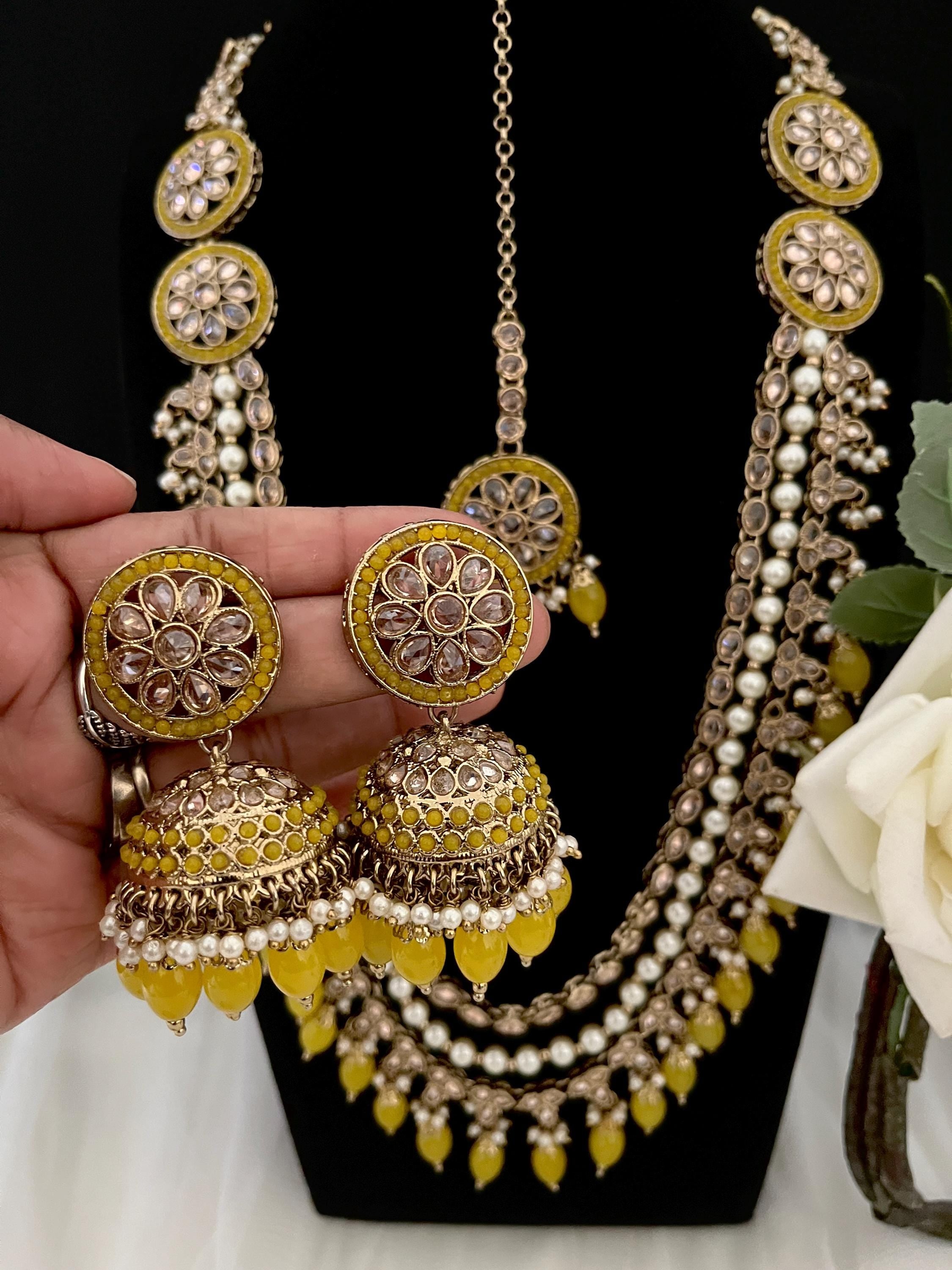 Long Necklace Raani Haar  Tikka Earrings Polki Jewellery Indian Bridal Sets