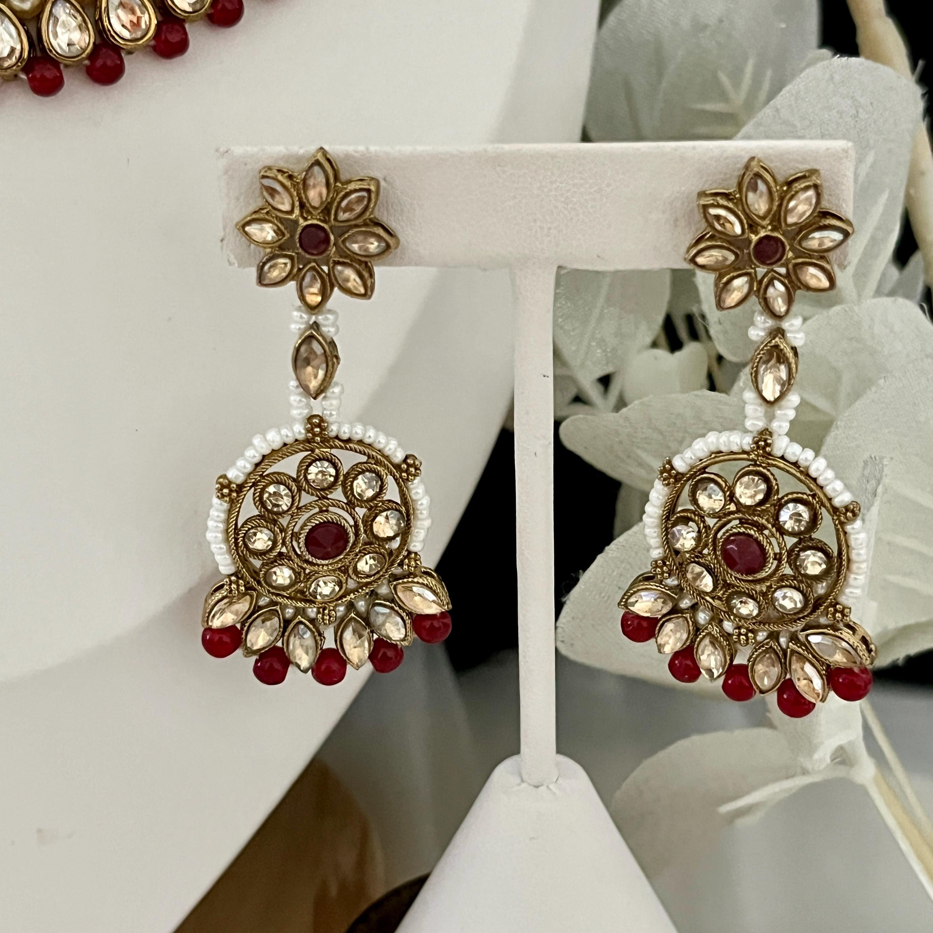 Imitation Polki Jewellery Set Gold Red Choker Necklace Tikka Earrings Set
