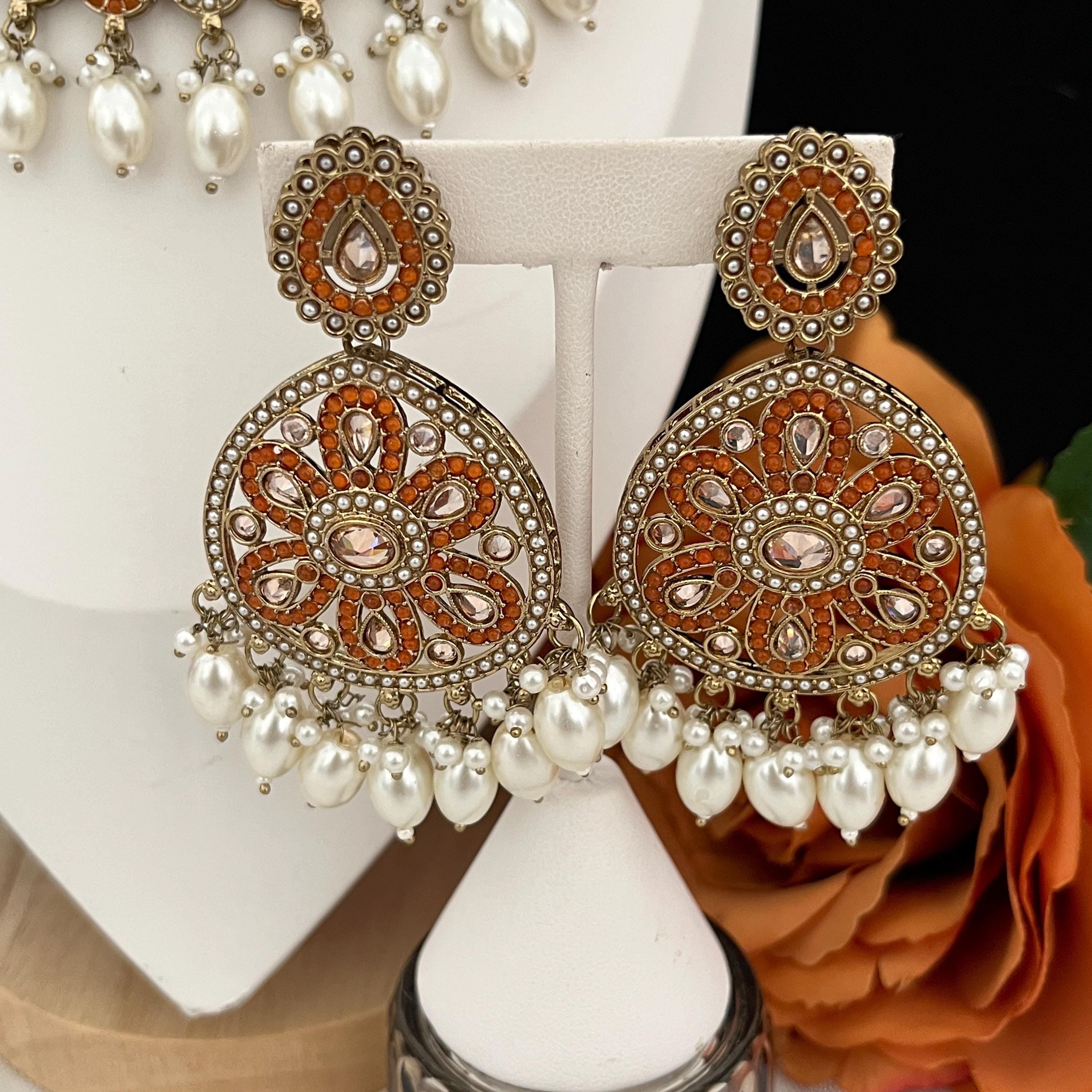Polki Choker Necklace Set: Orange Indian Bridal Jewelry