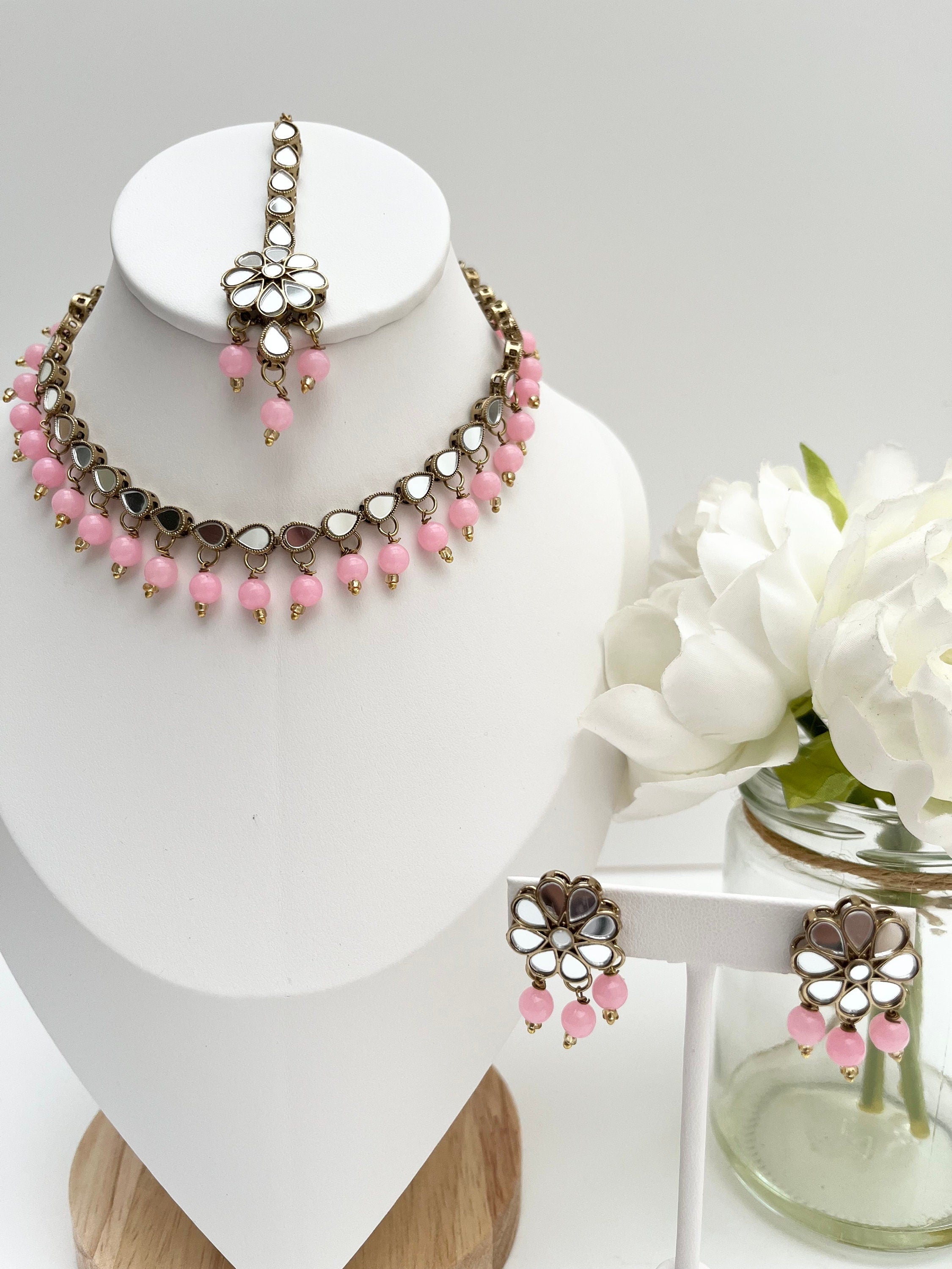 Indian Great Quality Jewellery Punjabi Bollywood Mirror Jewellery Petite Set Blabk Tikka Earrings and Choker