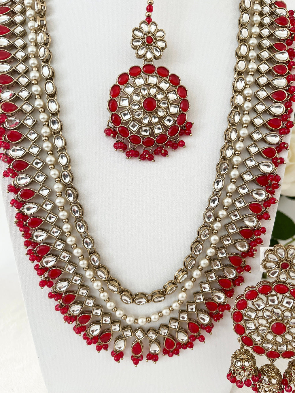 Imitation Long Kundan Necklace Raani Haar with Tikka Earrings Red and Gold
