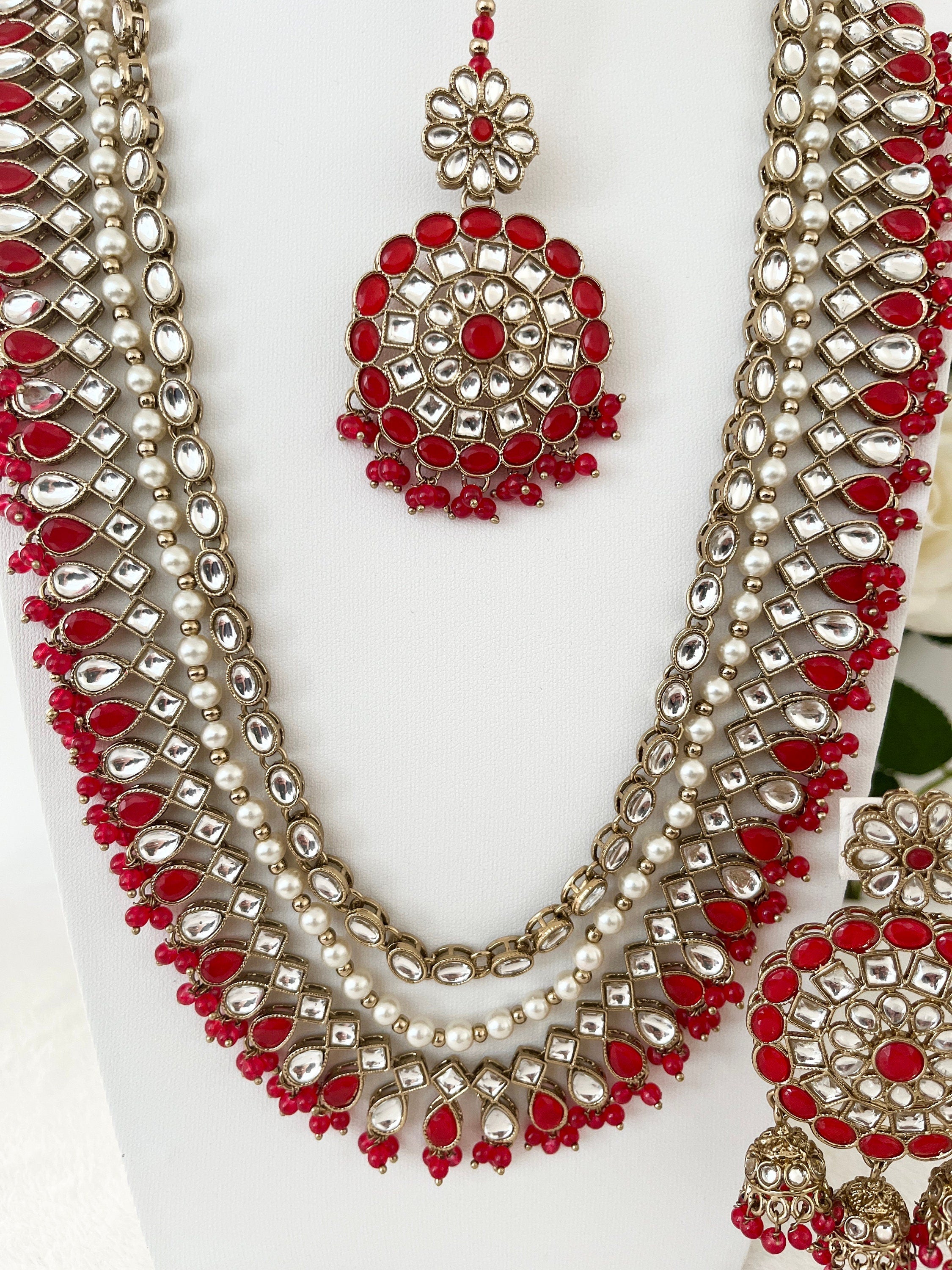 Imitation Long Kundan Necklace Raani Haar with Tikka Earrings Red and Gold