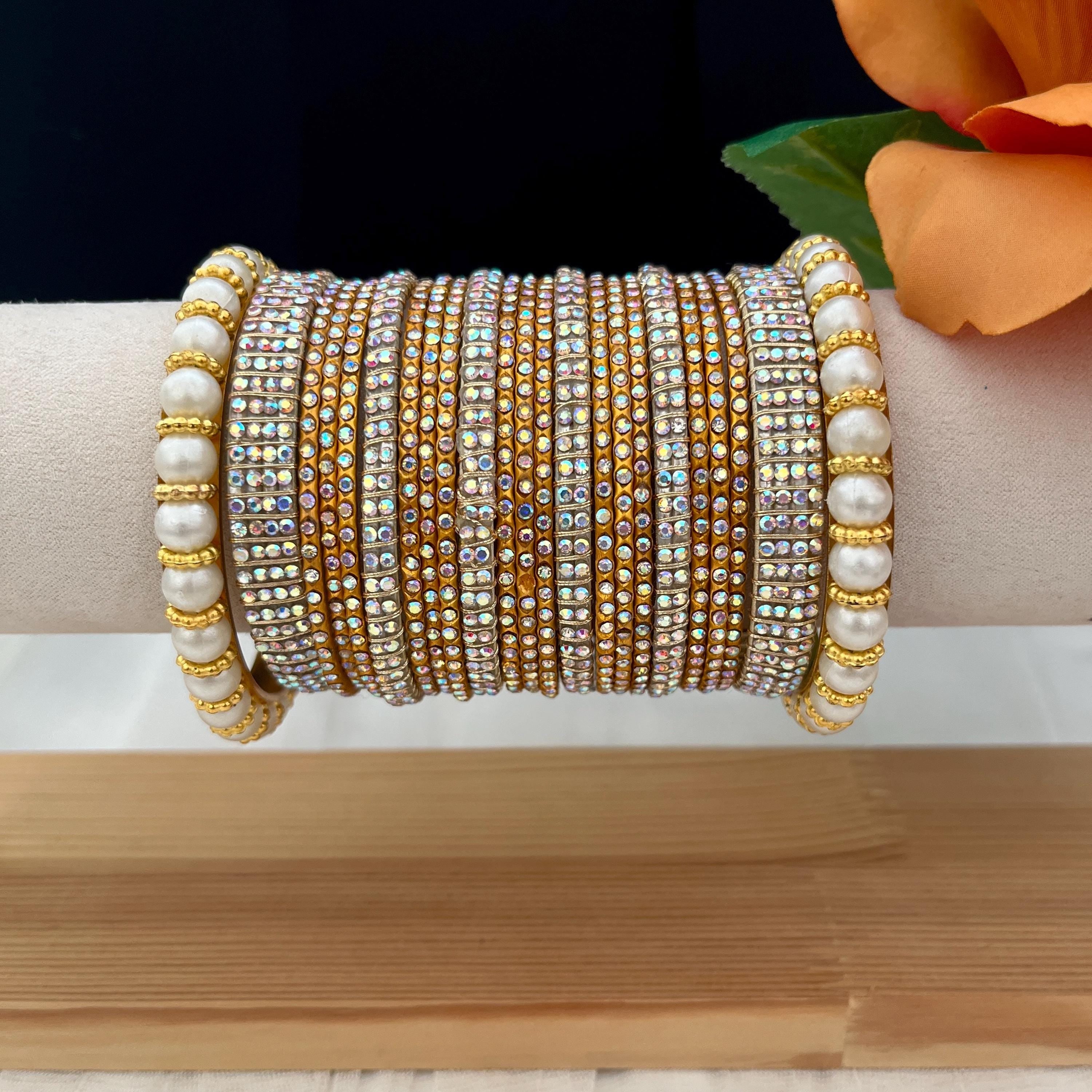 Handmade Antique Gold Indian Bangles Set: Pearls & Stones Kade
