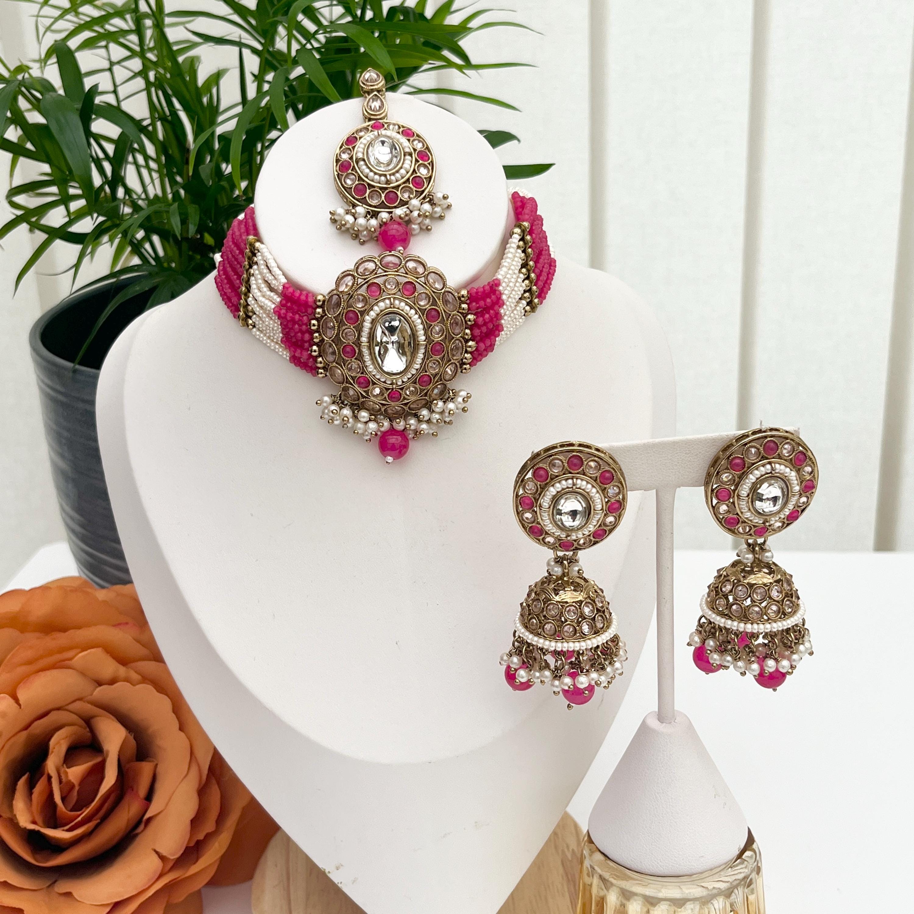 Indian Jewellery/Choker Sets/Tikka and Earrings/ Bollywood/Pakistani Jewellery/Pink Jewellery