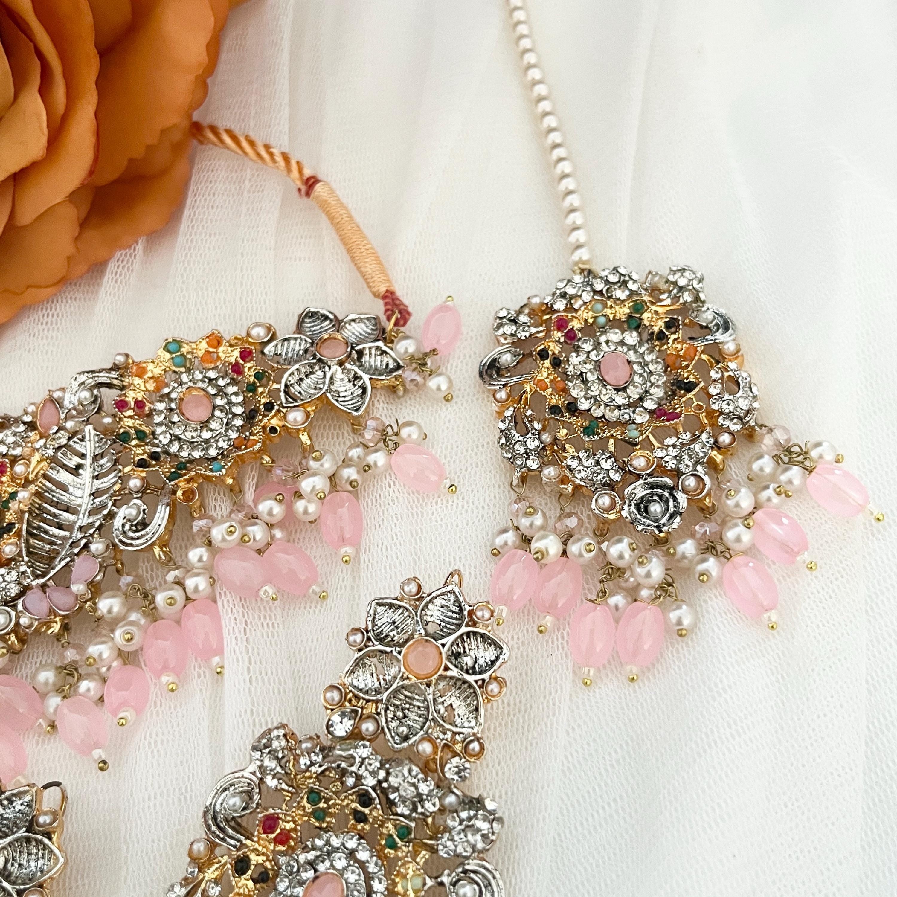 Handmade Indian Bridal Choker Necklace Set: Gold & Pink Bollywood Jewelry