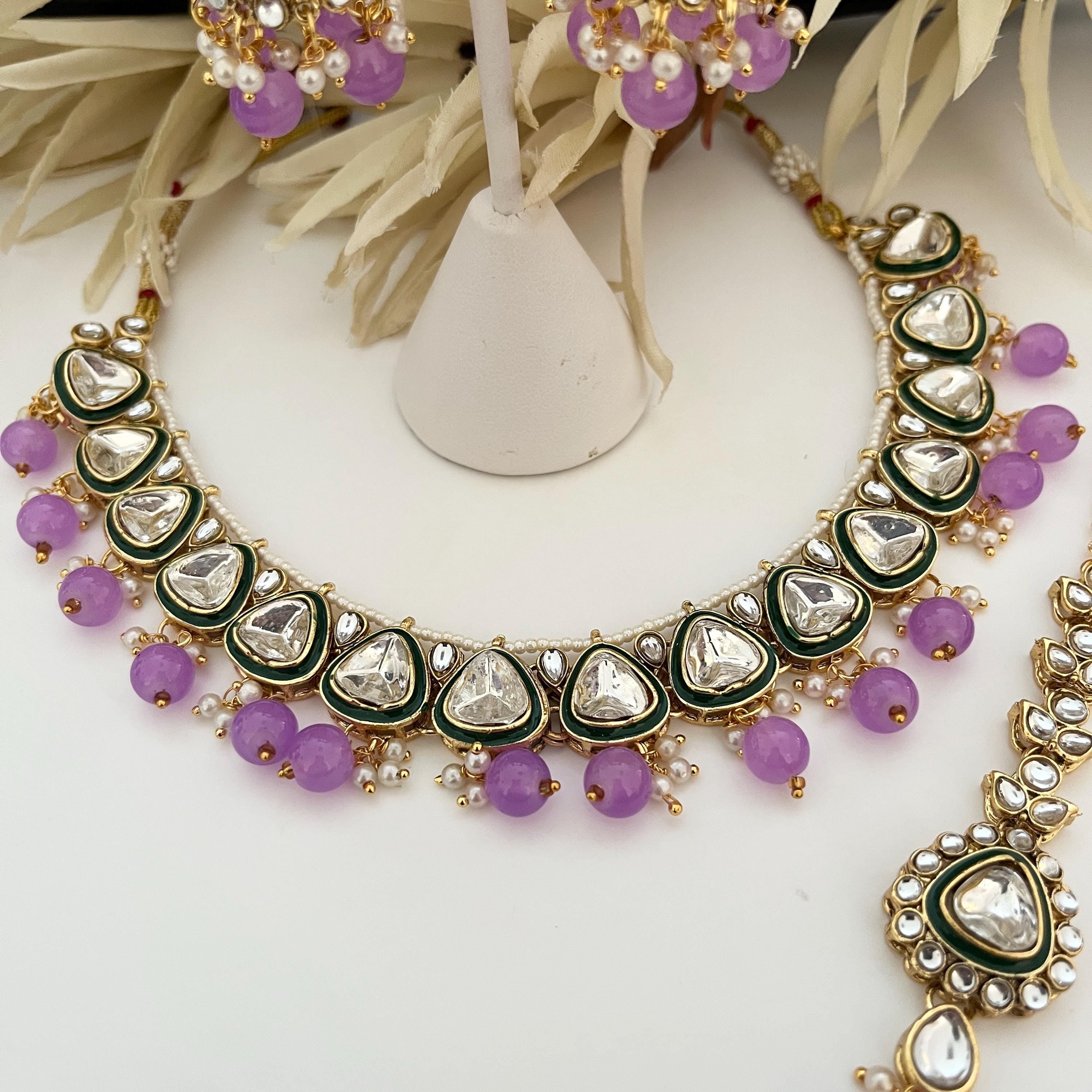 Kundan Jewellery Sets, Lilac Colour Jewellery, Traditional Indian Jewellery, Indian Bridal Jewellery, Pakistani Jewellery