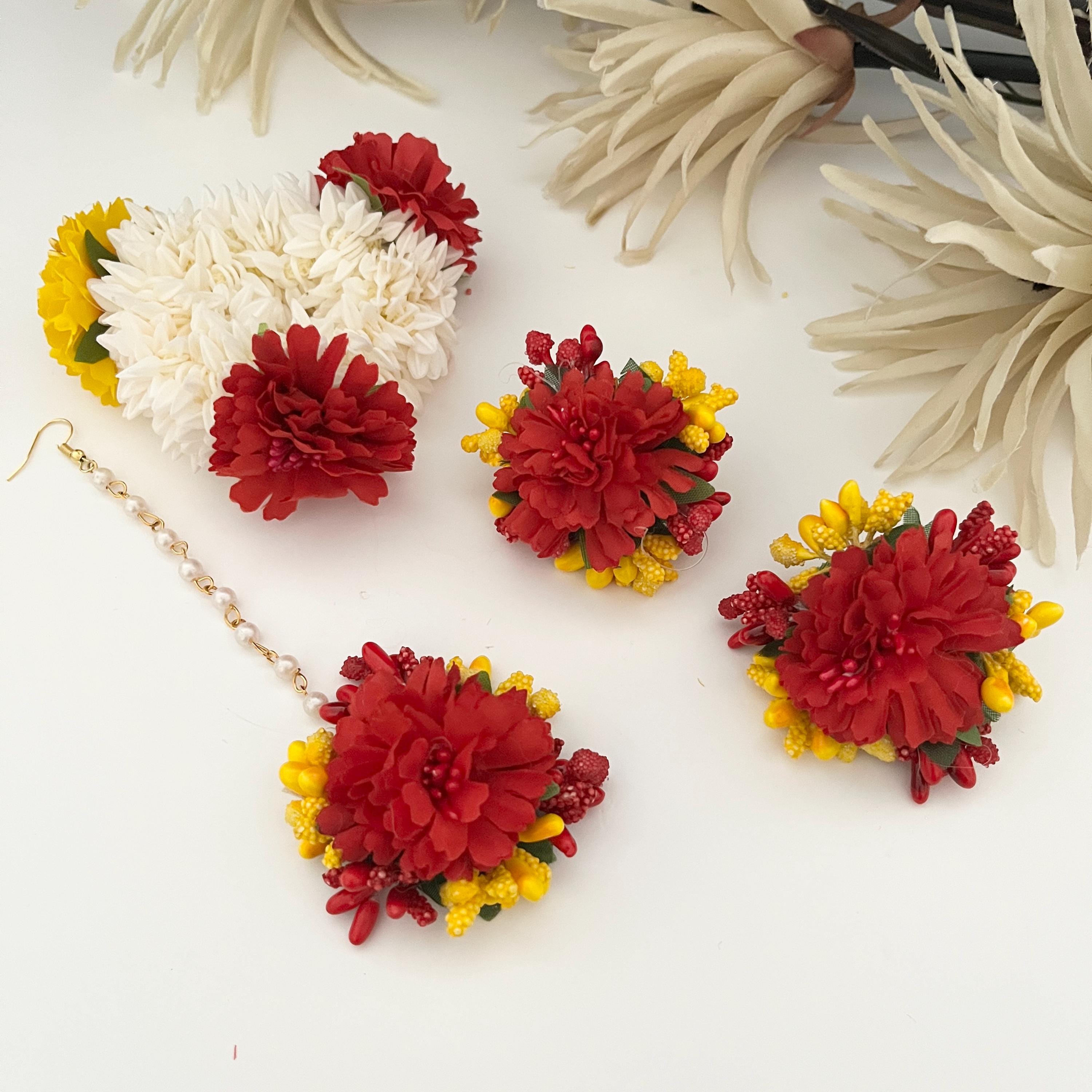 Handcrafted Haldi Mehndi Flower Jewelry Set: Tikka, Earrings, Hair Gajra