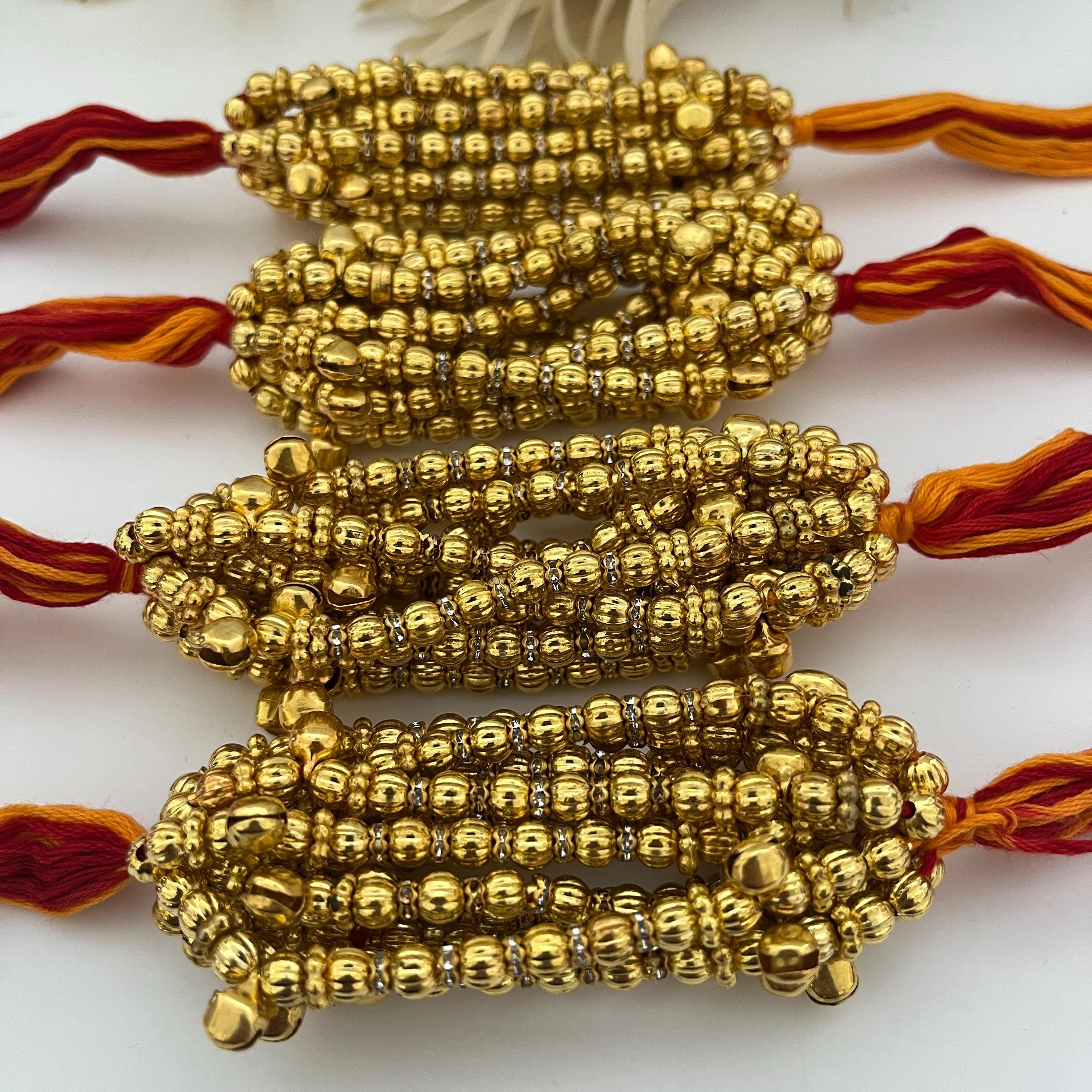 Indian Wedding Ganney: Red Cotton Thread, Gold Bells - Maiyan Ceremony Favors (Set of 12)