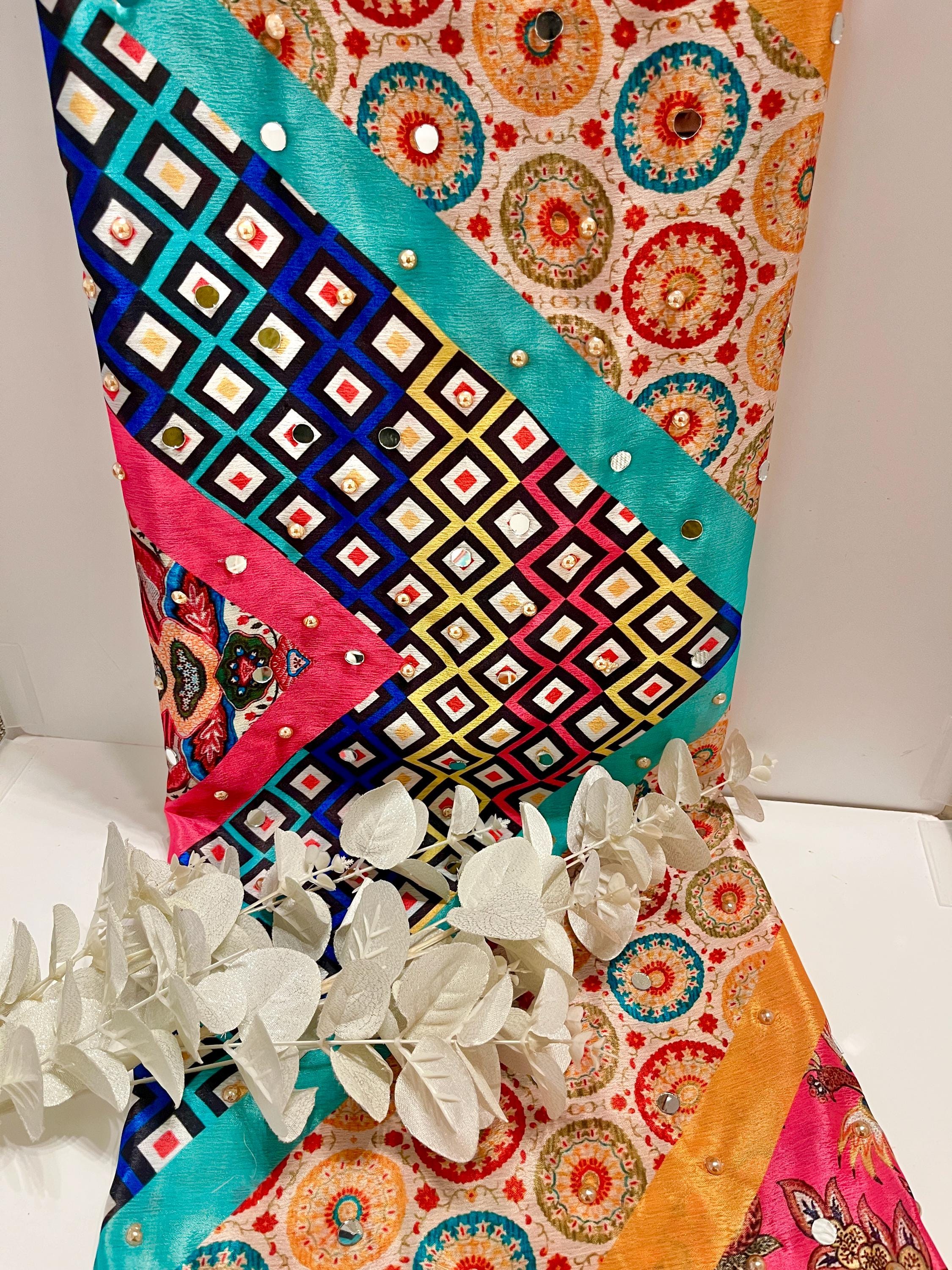 Multicoloured Mirrored and Pearl Printed Pakistani Silk Dupatta, Ladies Scarf, Indian Attire, Punjabi Chunni