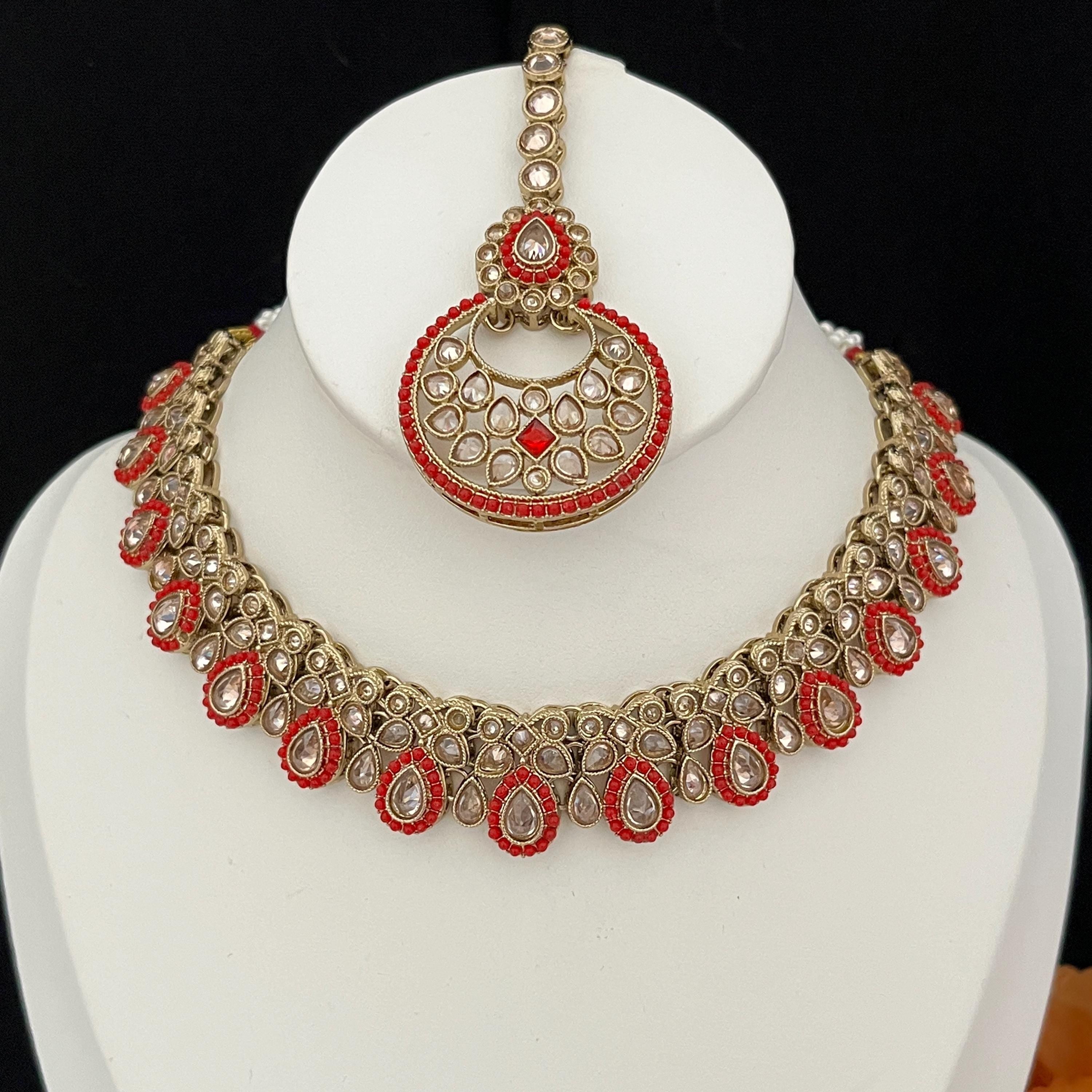 Elegant Indian Jewellery, Tikka and Earrings, Polki Necklace, Indian Bridal Sets, Pakistani Jewellery, Bollywood, Red Jewellery Set