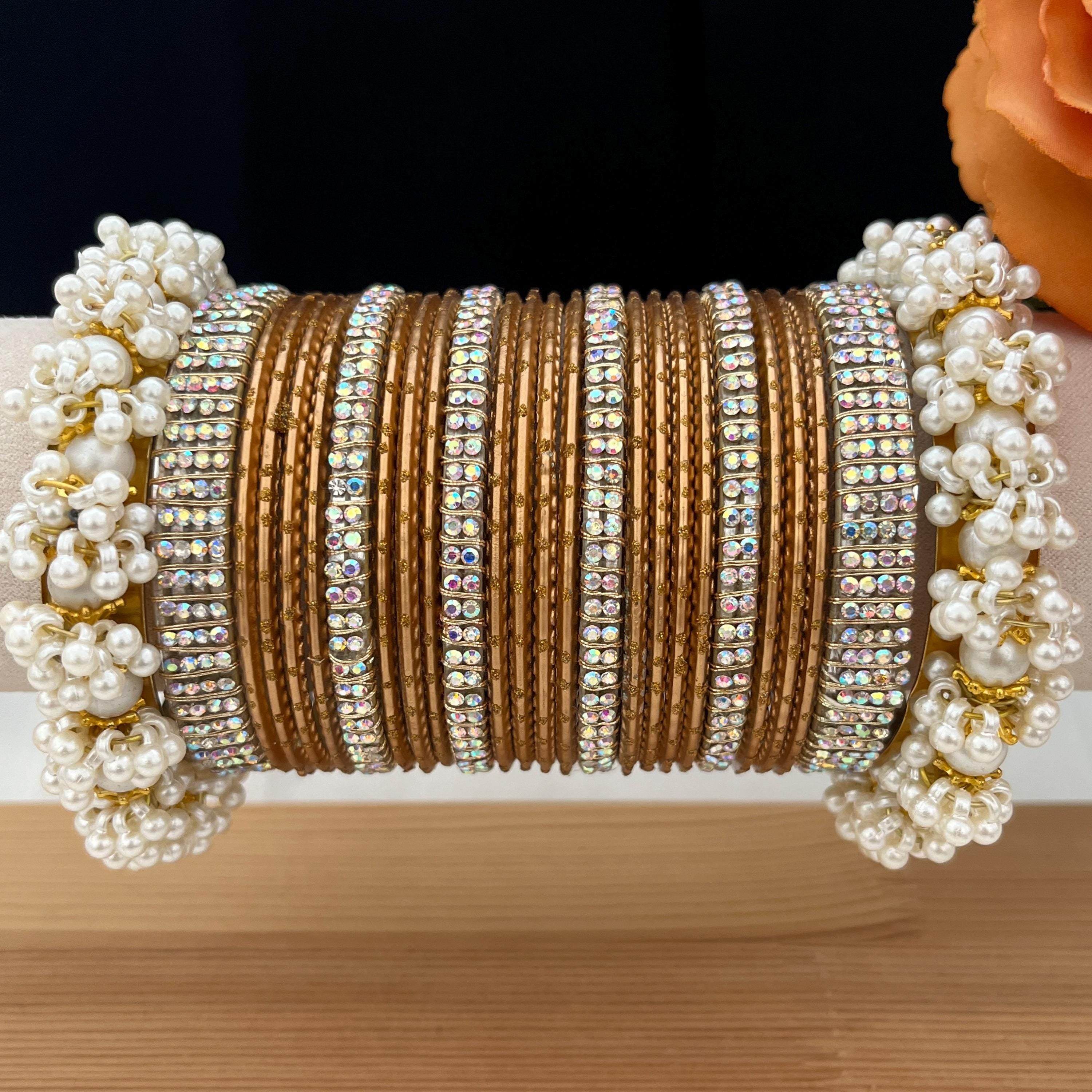 Antique Gold Indian Bangles Set: Pearl & Stone Kade, Handmade