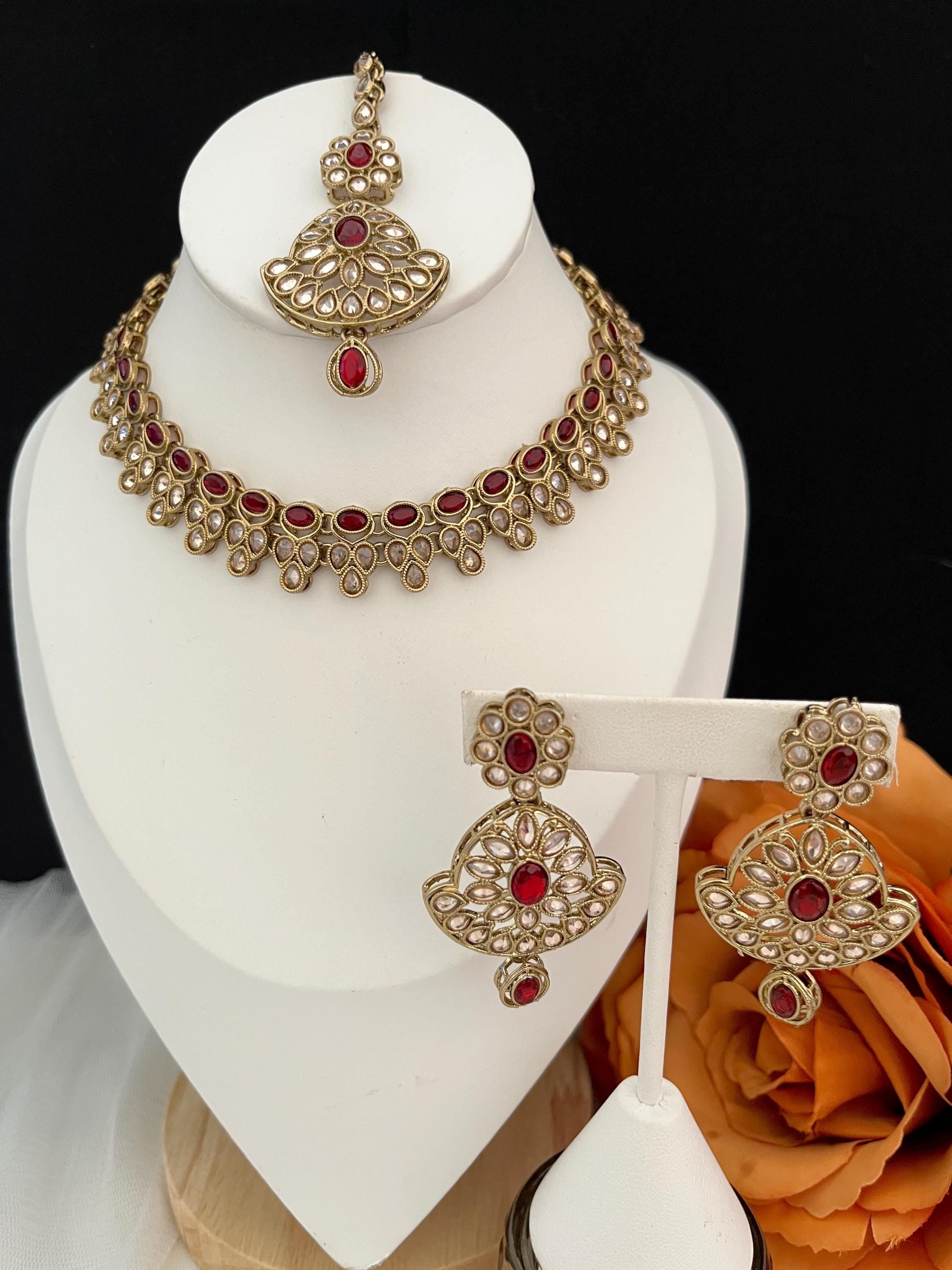 Red Polki Choker Necklace Set: Indian Bridal Jewelry
