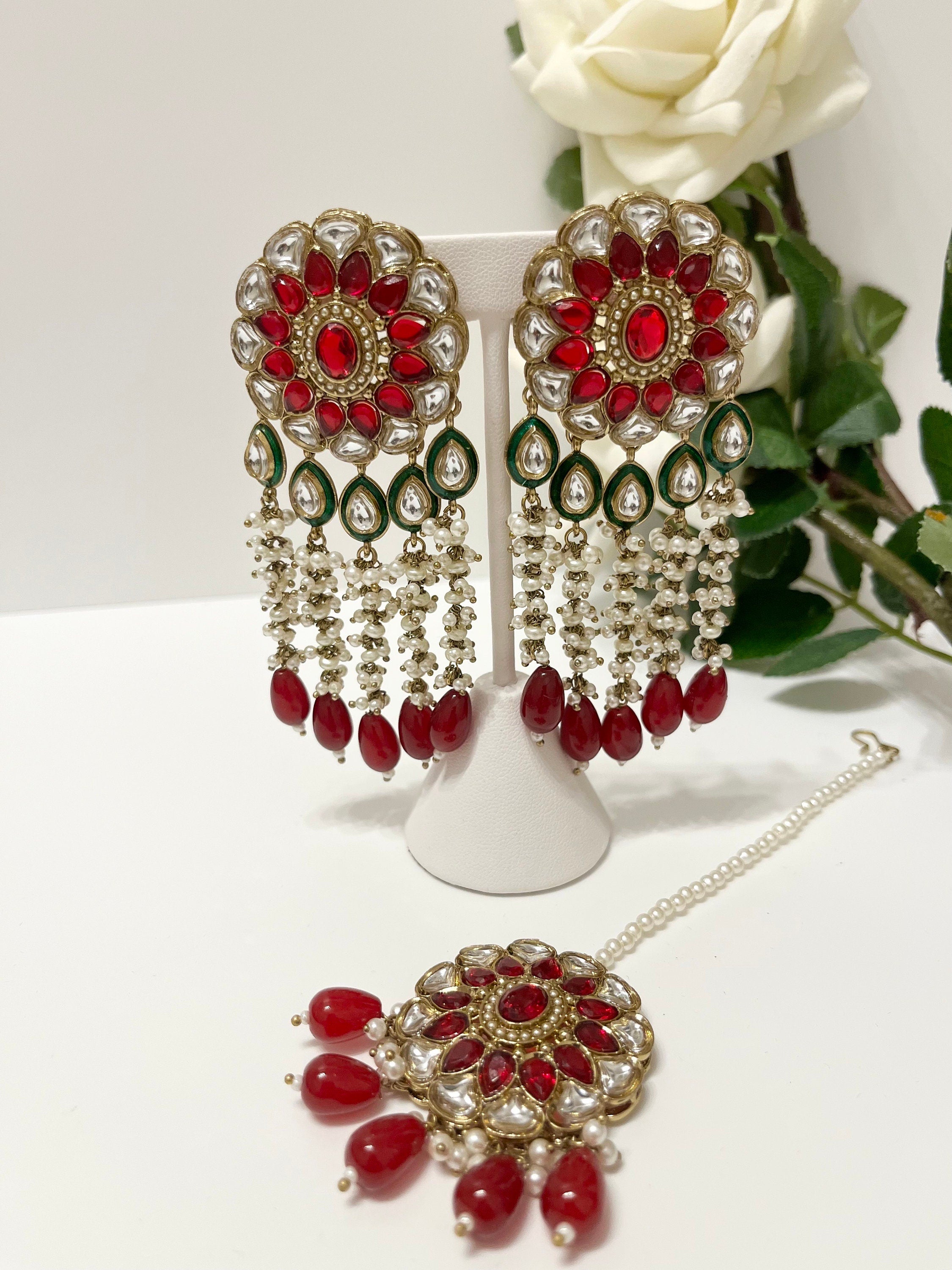 High Quality Indian Bollywood Pakistani New Jewellery Big Dangling Earrings and Big Tikka Imitation Pearls Red Gold Green