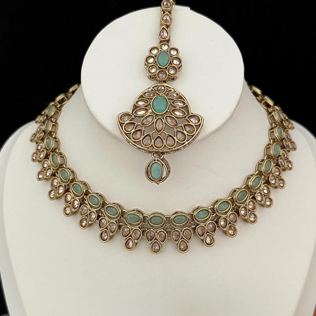Polki Choker Necklace Set: Indian Bridal Jewelry, Mint Green