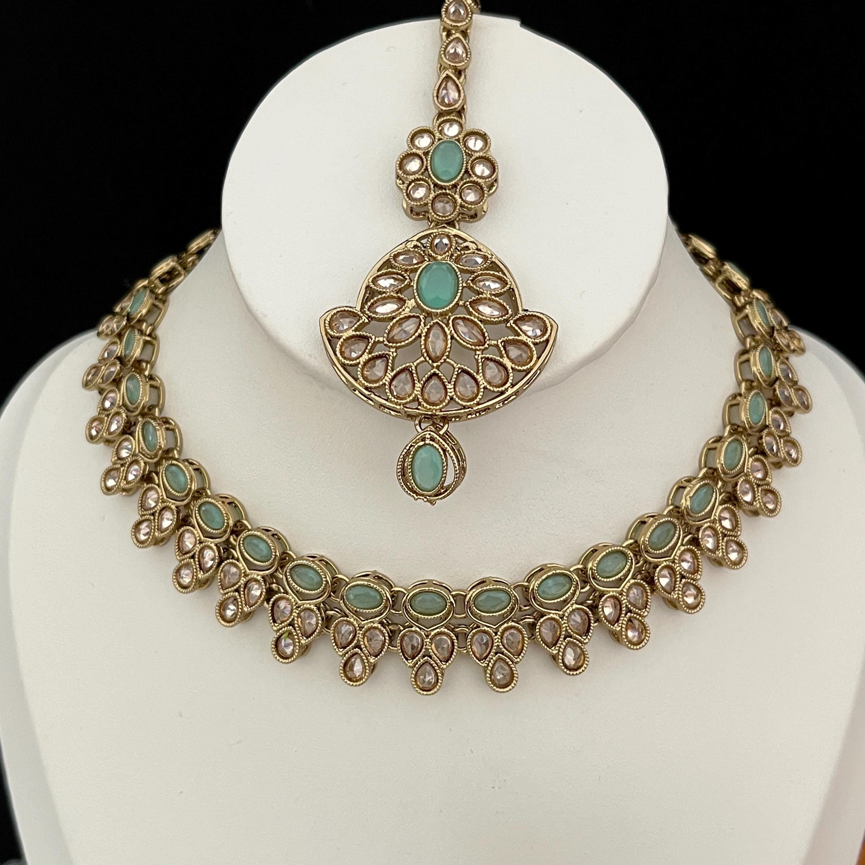 Polki Choker Necklace Set: Indian Bridal Jewelry, Mint Green