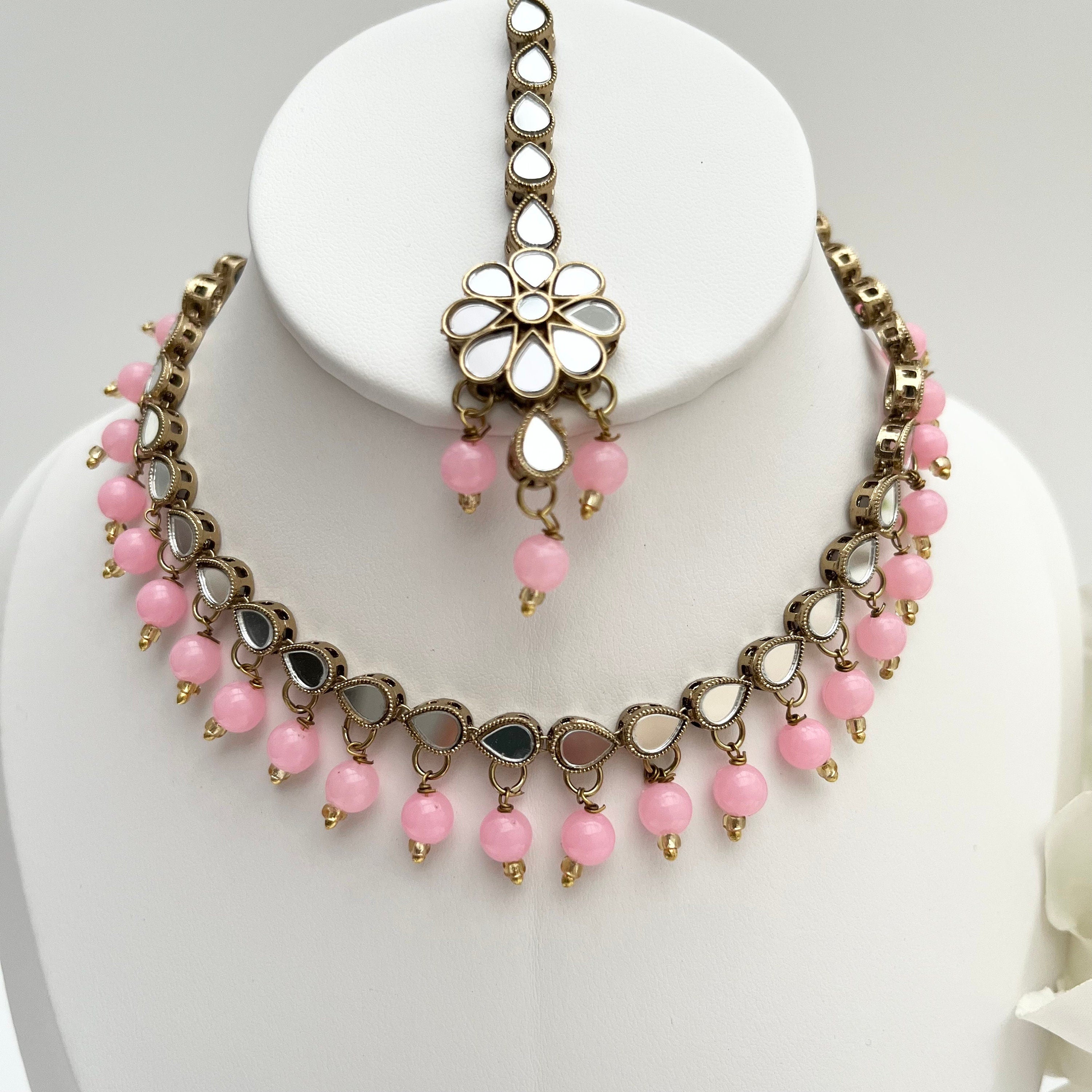 Indian Great Quality Jewellery Punjabi Bollywood Mirror Jewellery Petite Set Blabk Tikka Earrings and Choker