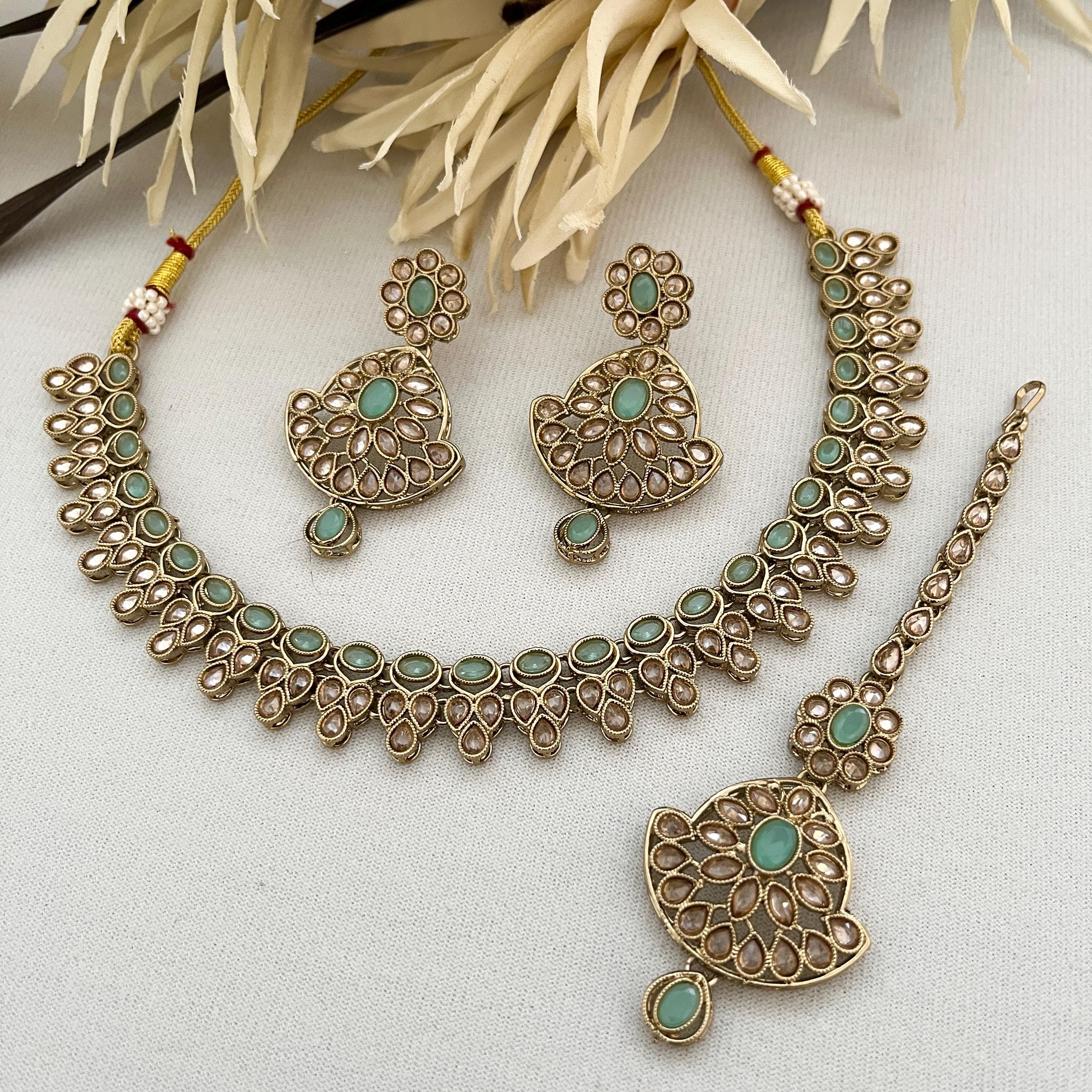 Polki Choker Necklace Set: Indian Bridal Jewelry, Mint Green