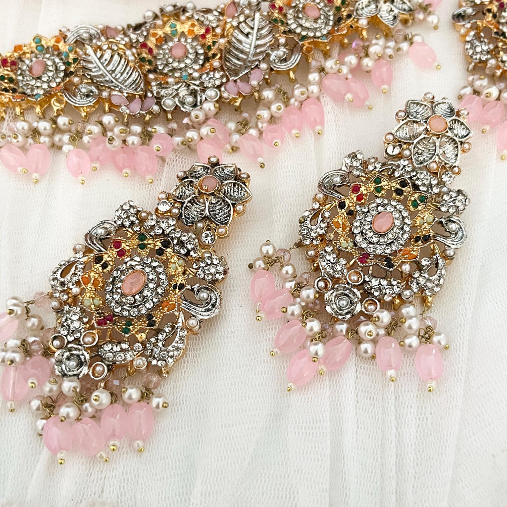 Handmade Indian Bridal Choker Necklace Set: Gold & Pink Bollywood Jewelry