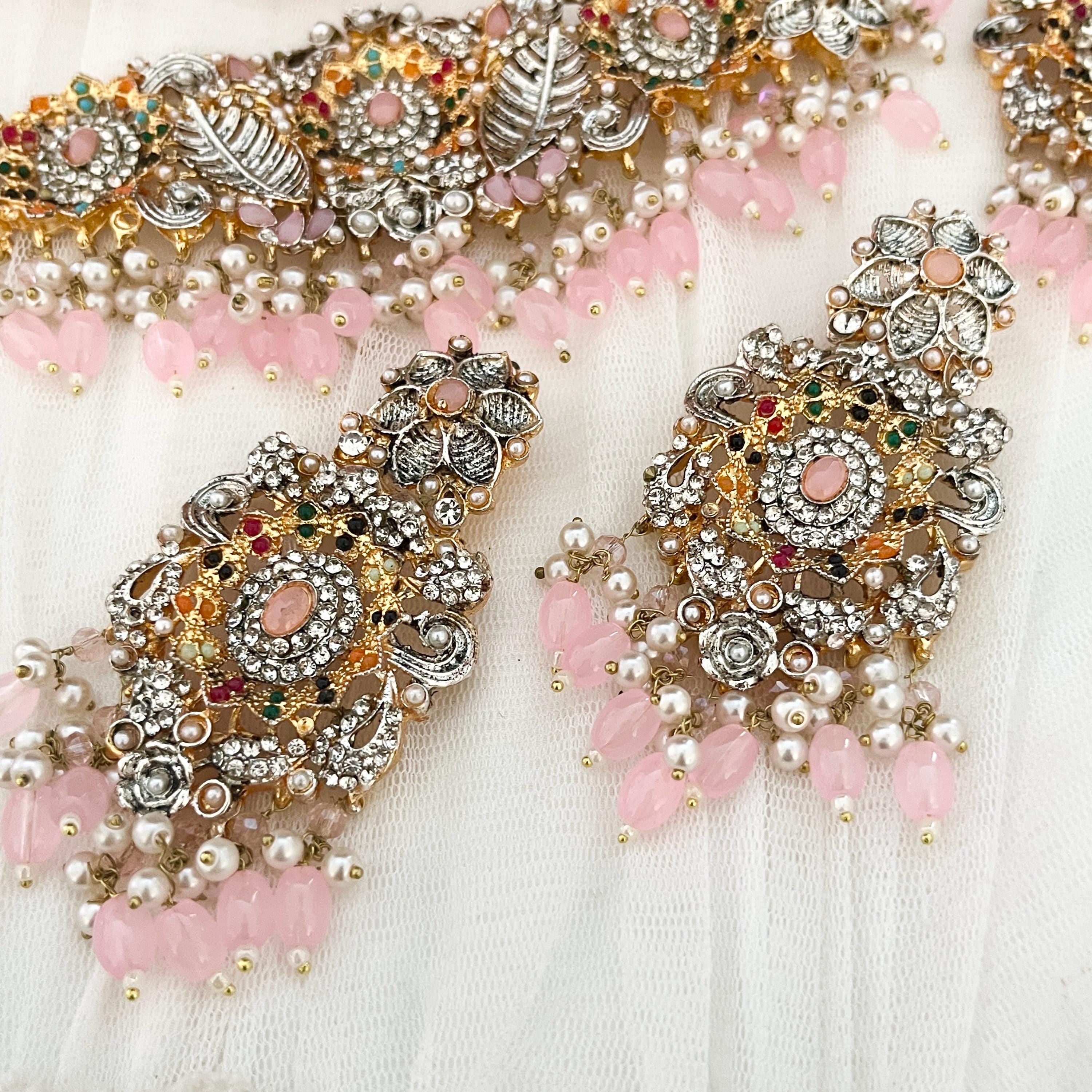 Handmade Indian Bridal Choker Necklace Set: Gold & Pink Bollywood Jewelry