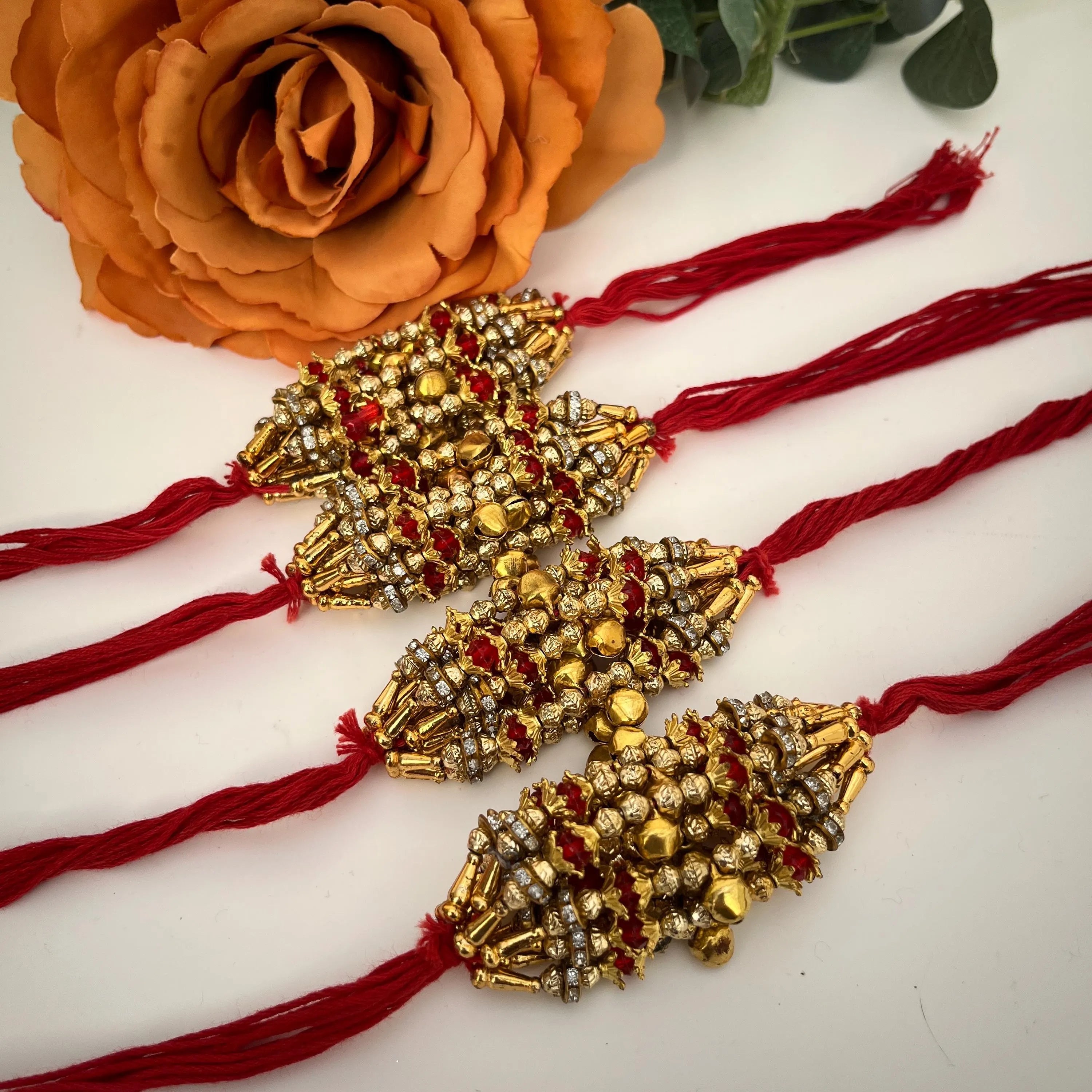 Indian Wedding Ganney: Red Cotton Thread, Gold Bells - Maiyan Ceremony Favors (Set of 12) (Copy)