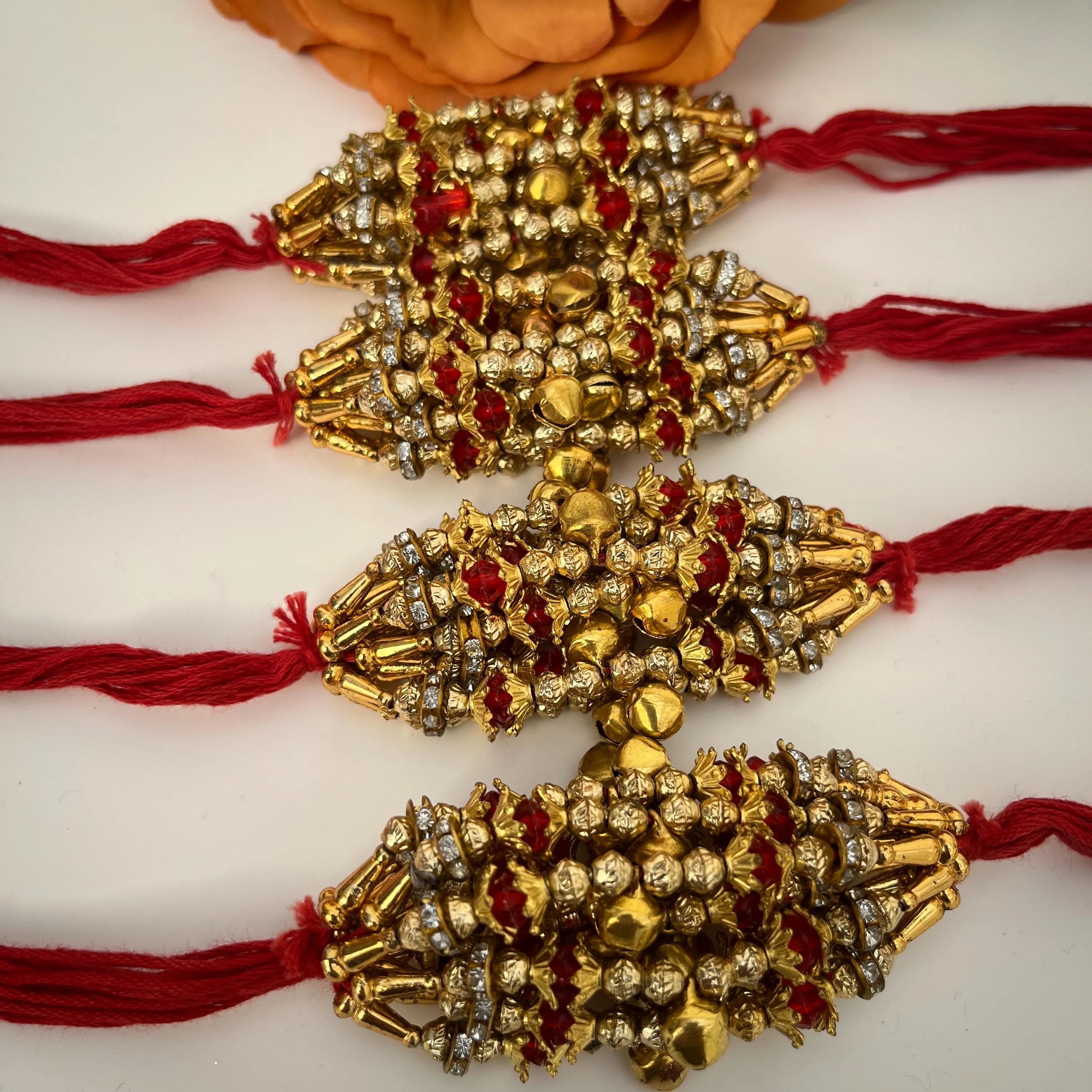 Indian Wedding Ganney: Red Cotton Thread, Gold Bells - Maiyan Ceremony Favors (Set of 12) (Copy)