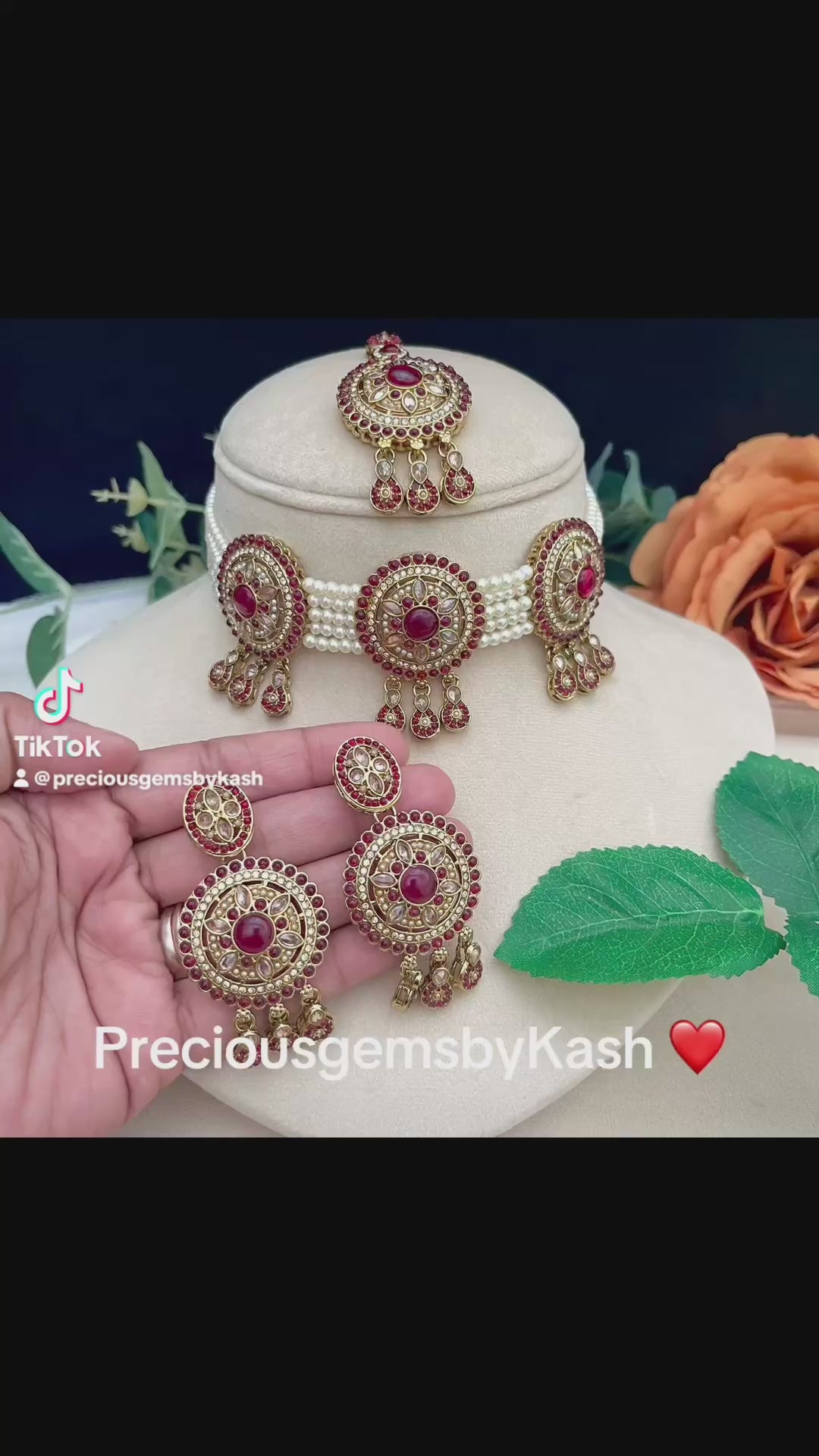 White pearl choker with tikka and earrings, gold with pink stones