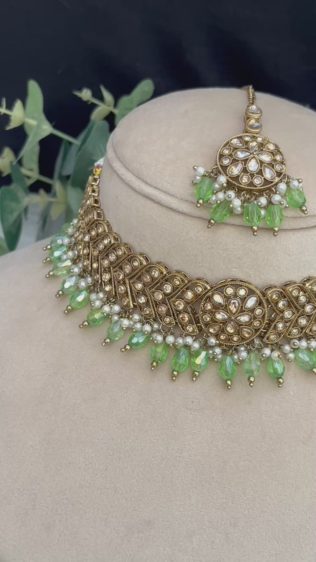Lime green crystal beads choker set with Polki stones Set includes tikka and earrings